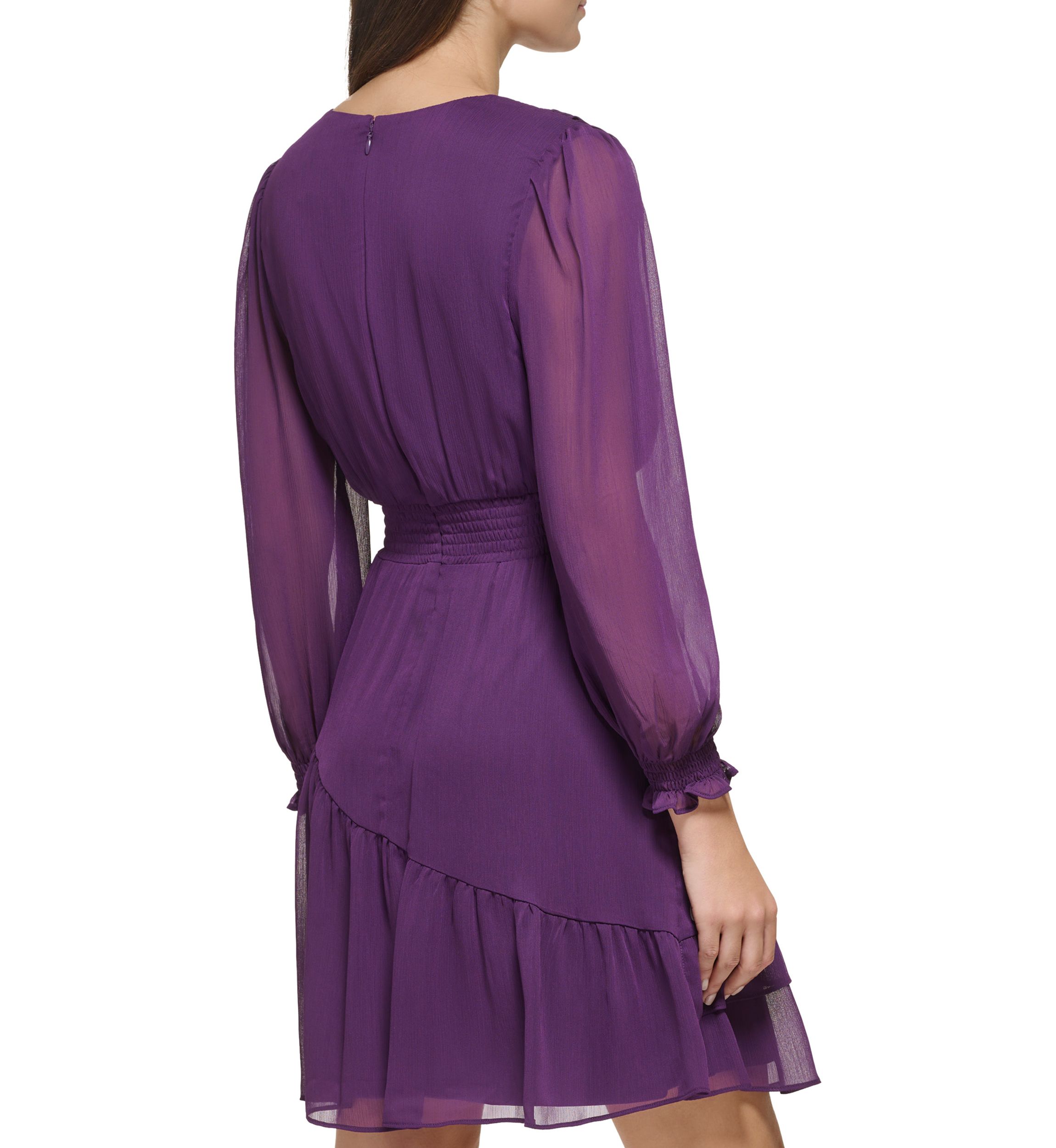 Womens Blouson Sleeve Ruffle Tier Fit and Flare Dress