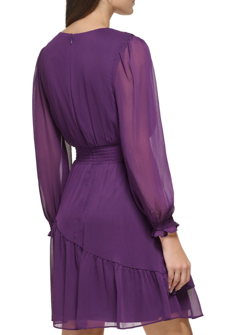 Womens Blouson Sleeve Ruffle Tier Fit and Flare Dress