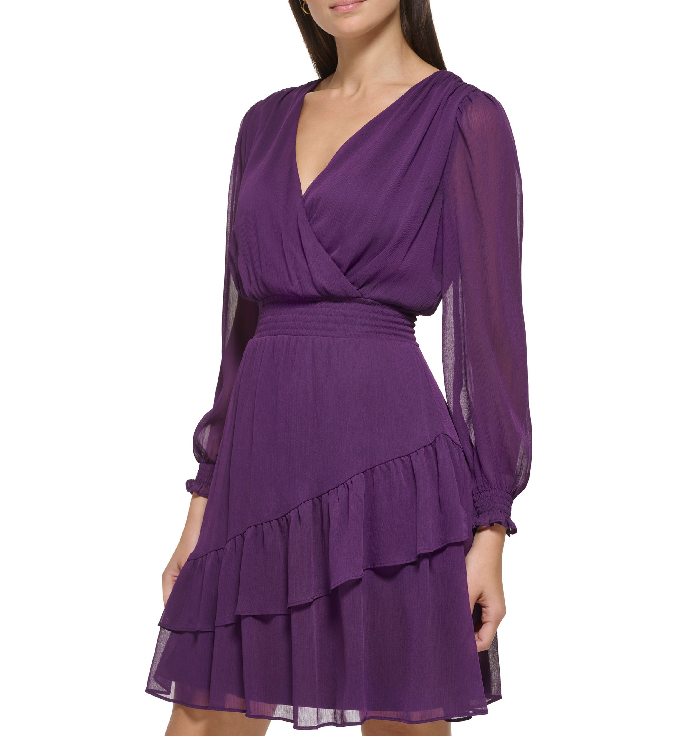 Womens Blouson Sleeve Ruffle Tier Fit and Flare Dress