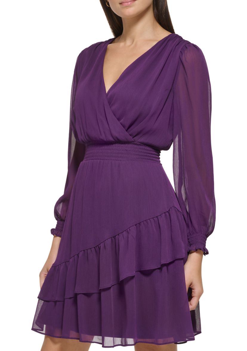 Womens Blouson Sleeve Ruffle Tier Fit and Flare Dress