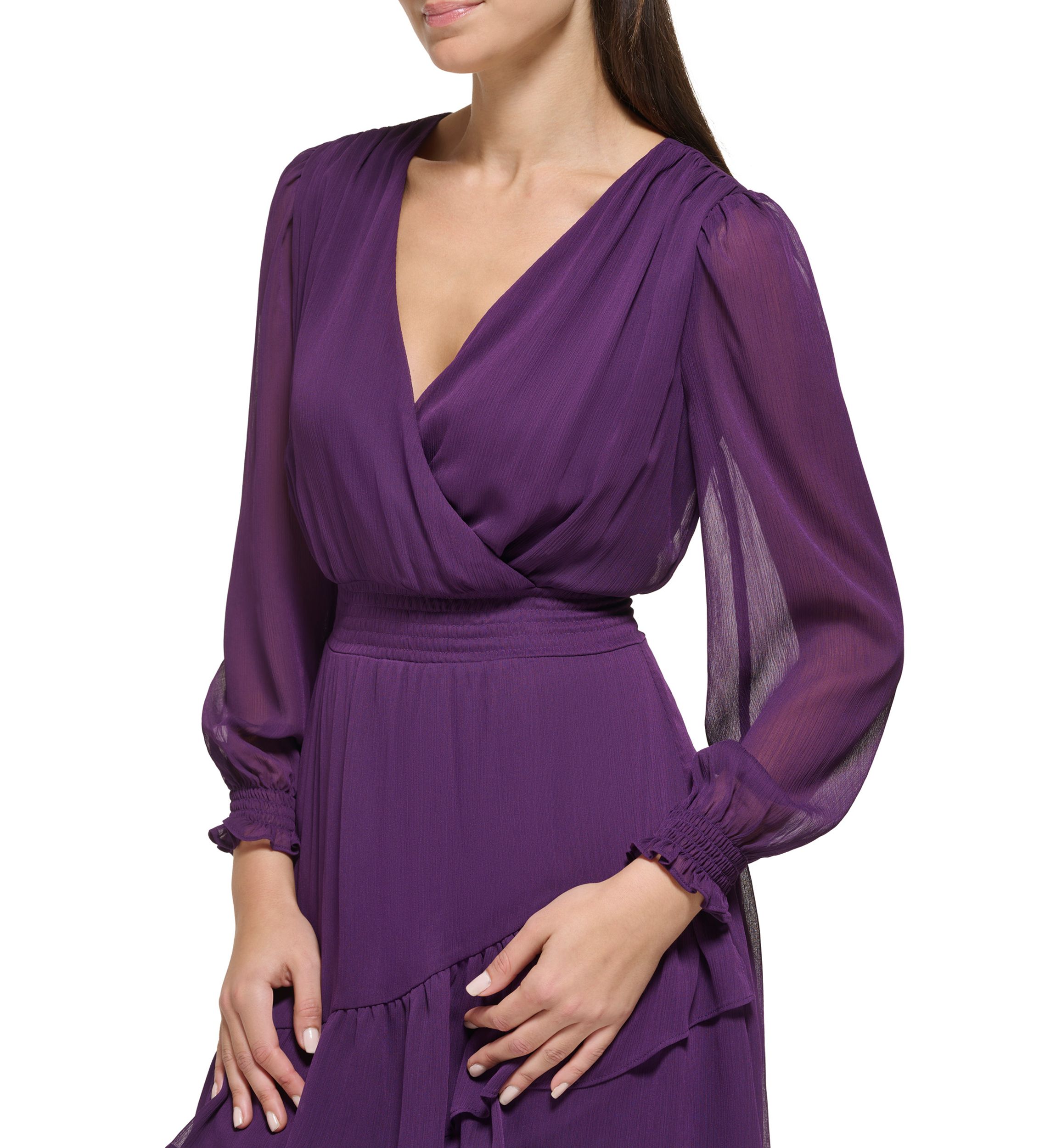 Womens Blouson Sleeve Ruffle Tier Fit and Flare Dress