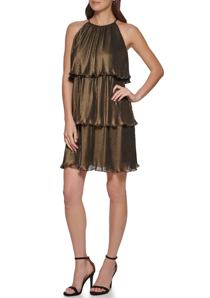 Womens Sleeveless Halter Tiered Metallic A-Line Dress