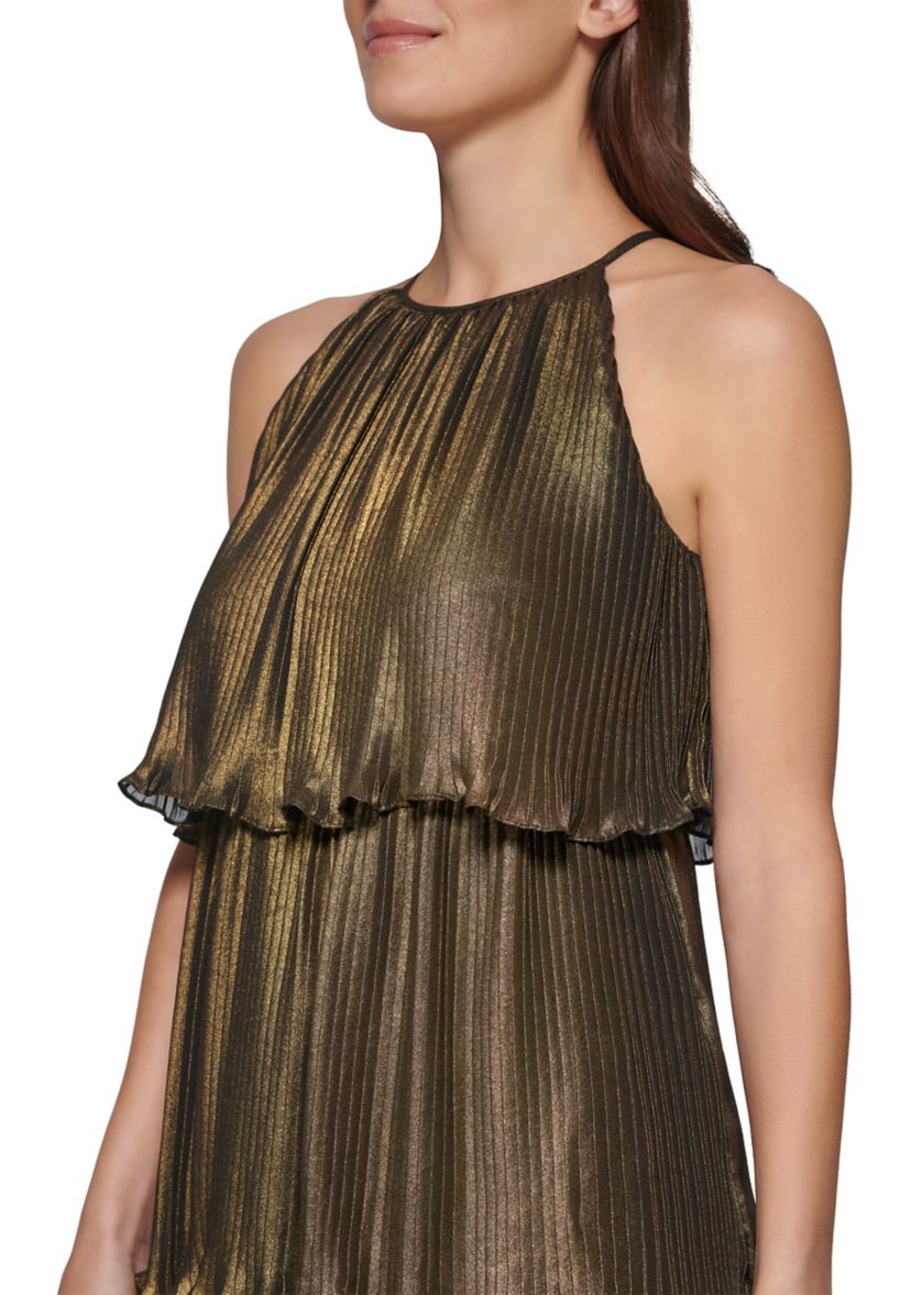 Womens Sleeveless Halter Tiered Metallic A-Line Dress