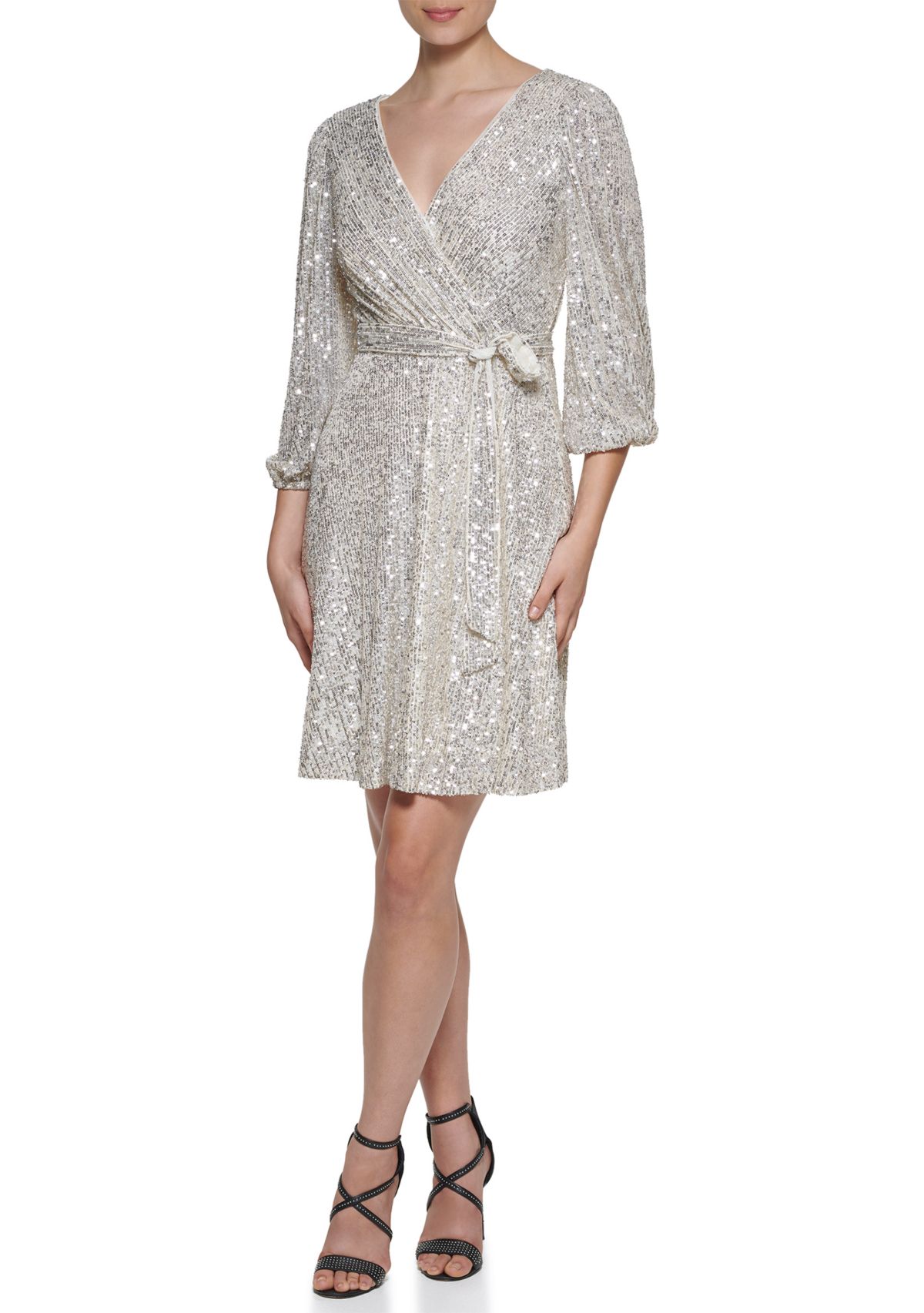 Womens Long Sleeve Surplice All Over Sequin Fit and Flare Dress