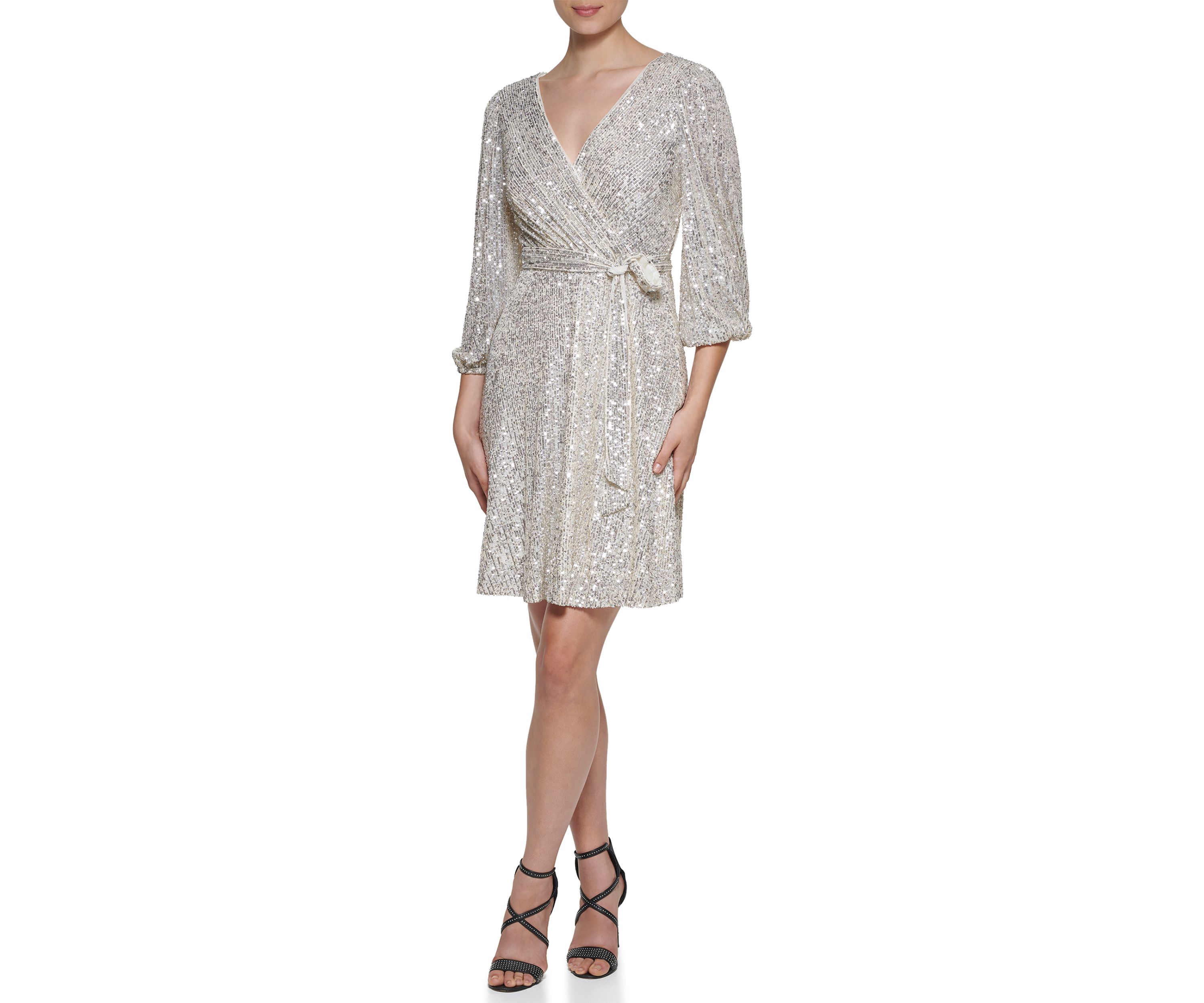 Womens Long Sleeve Surplice All Over Sequin Fit and Flare Dress