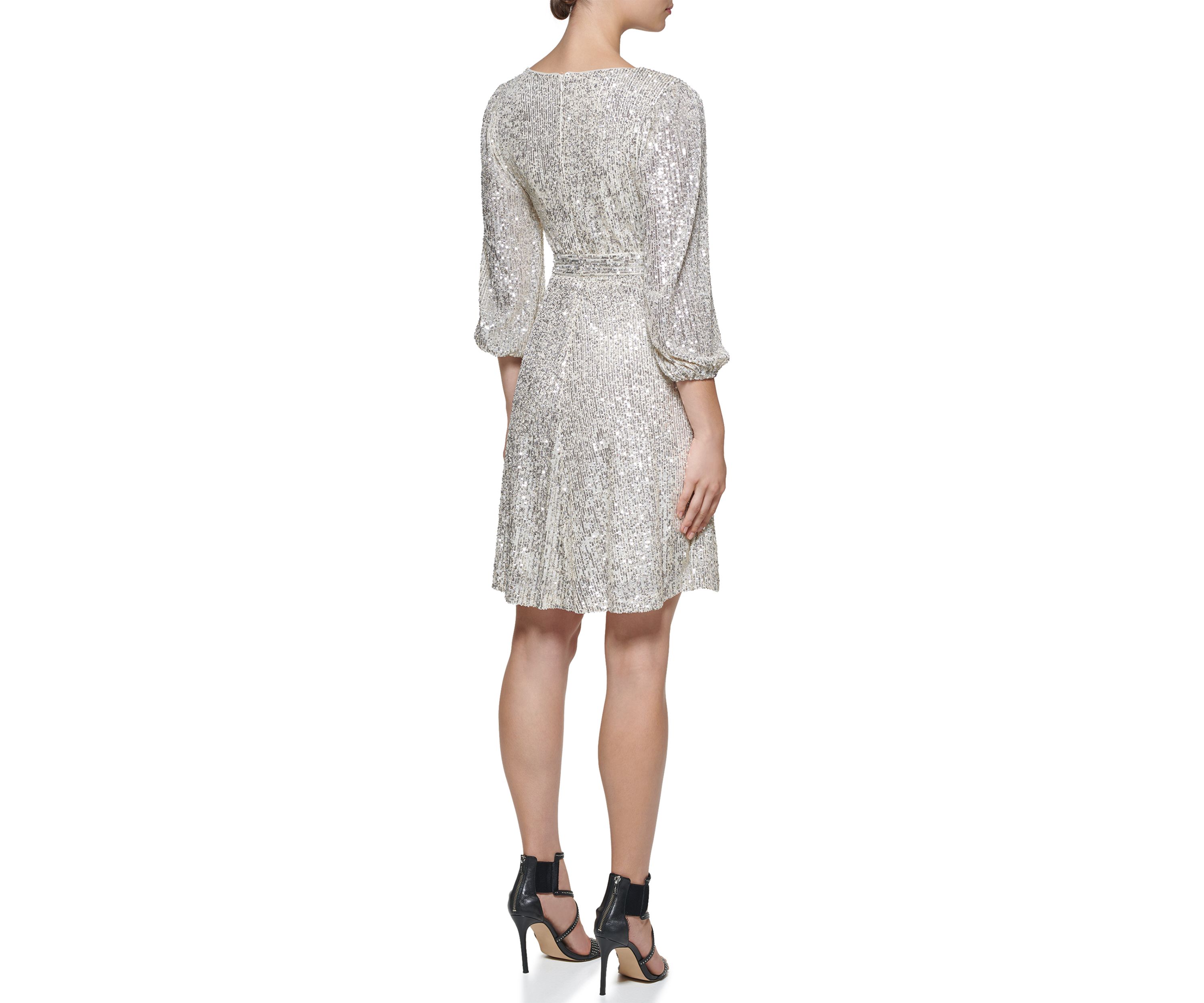 Womens Long Sleeve Surplice All Over Sequin Fit and Flare Dress