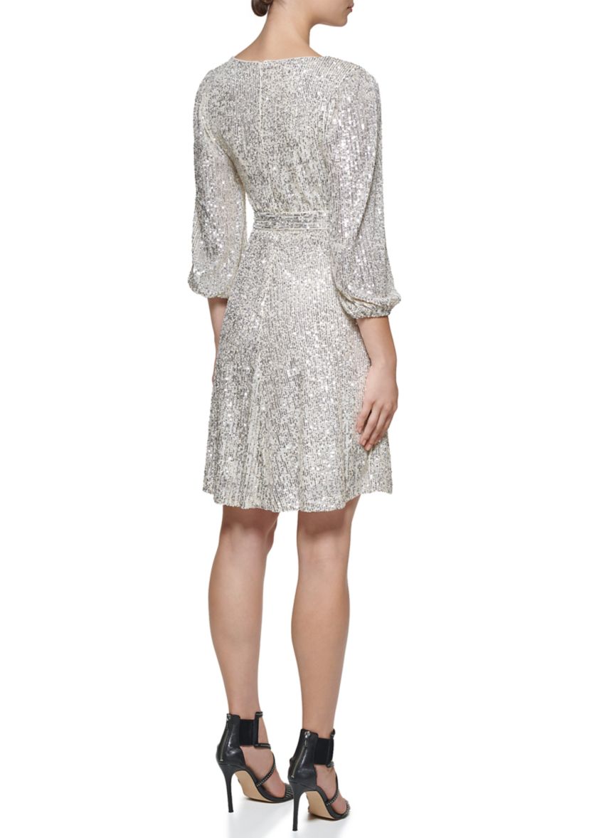 Womens Long Sleeve Surplice All Over Sequin Fit and Flare Dress