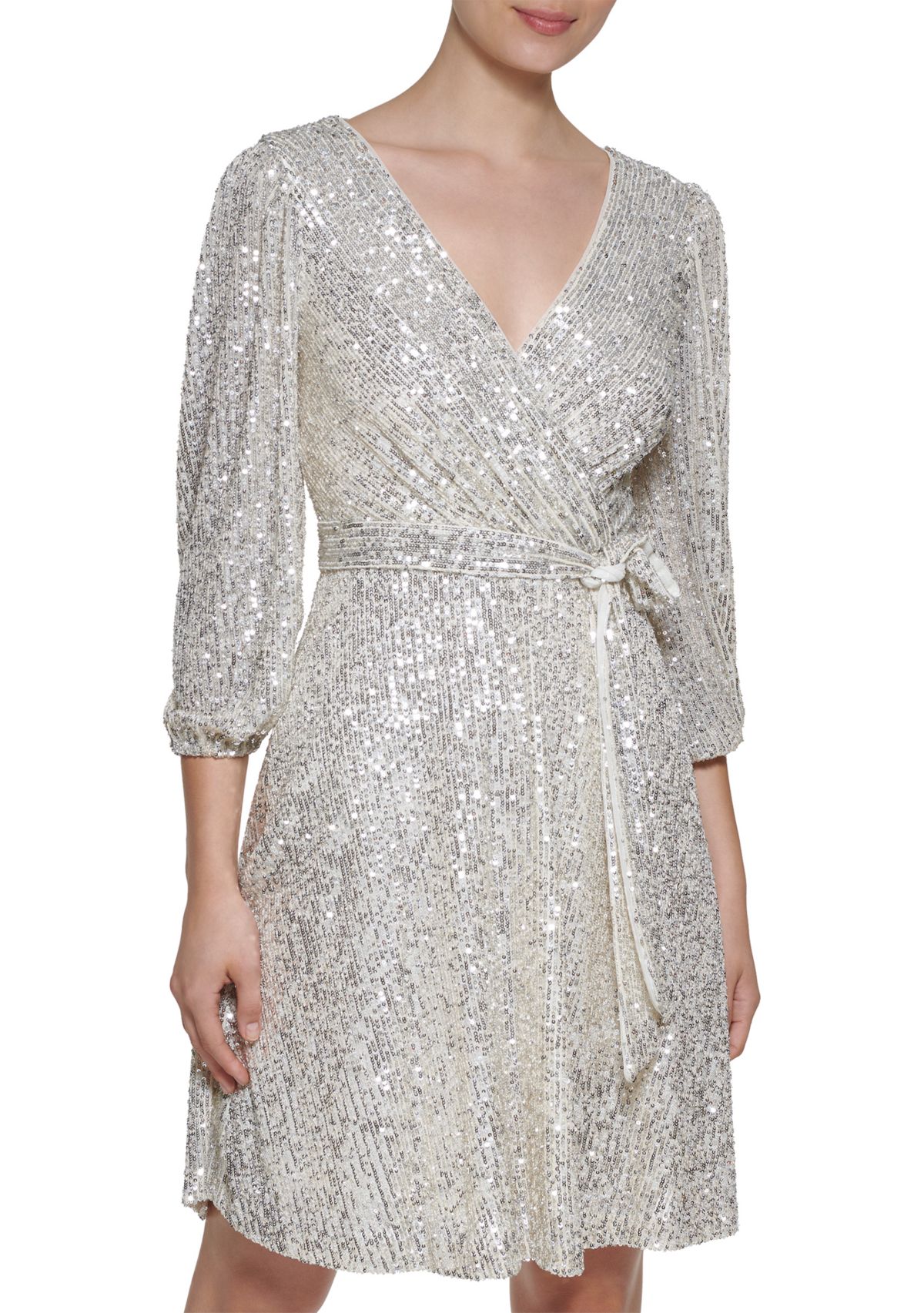 Womens Long Sleeve Surplice All Over Sequin Fit and Flare Dress