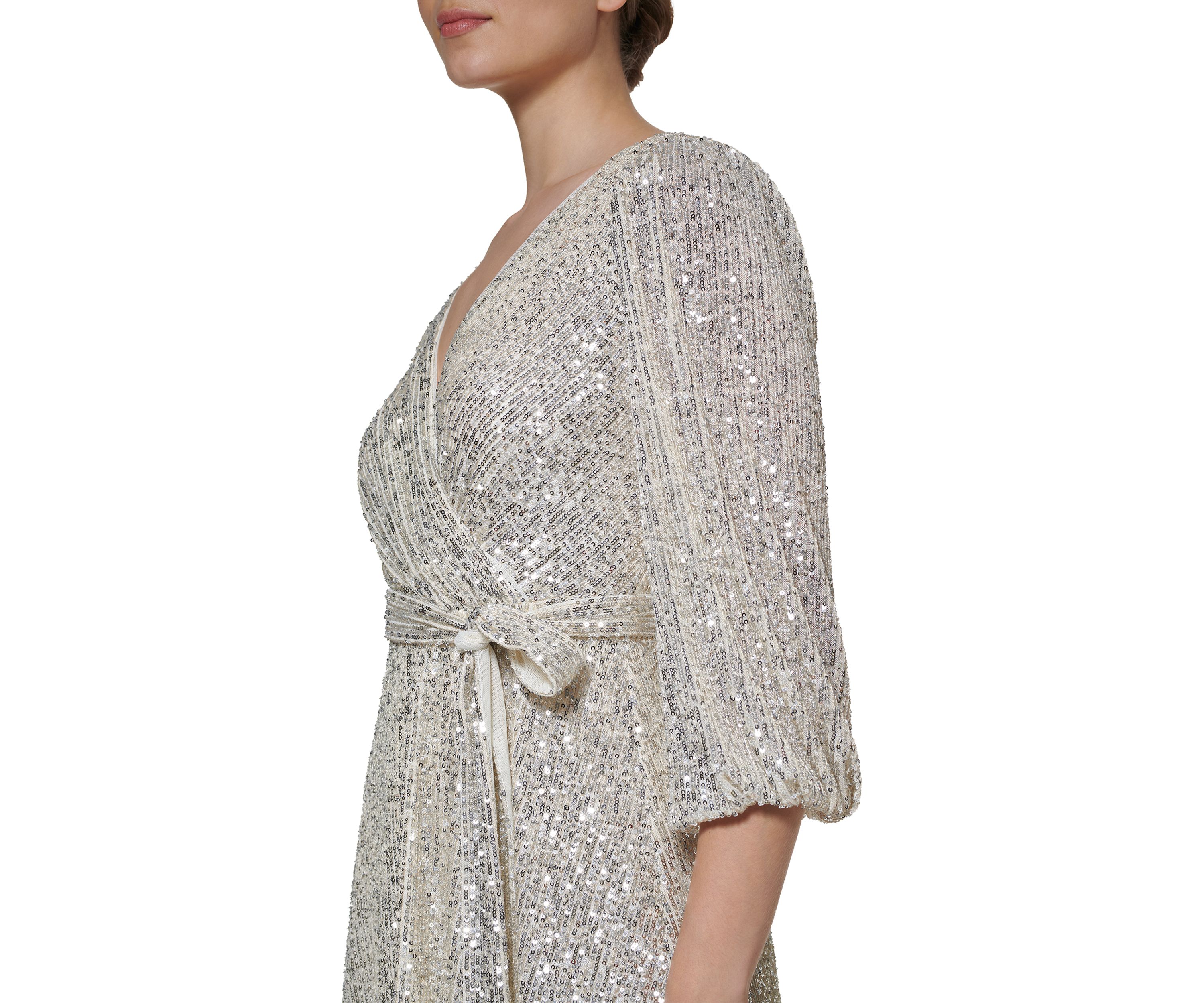 Womens Long Sleeve Surplice All Over Sequin Fit and Flare Dress