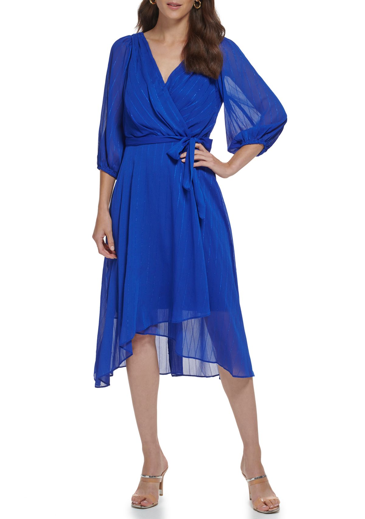 Womens 3/4 Balloon Sleeve V-Neck Faux Wrap Dress