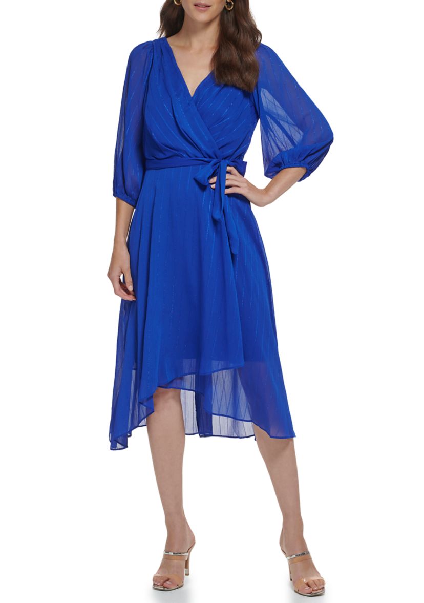 Womens 3/4 Balloon Sleeve V-Neck Faux Wrap Dress