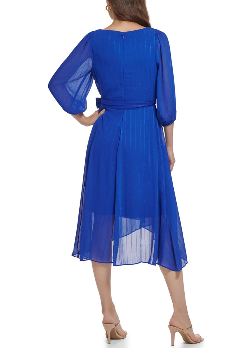 Womens 3/4 Balloon Sleeve V-Neck Faux Wrap Dress