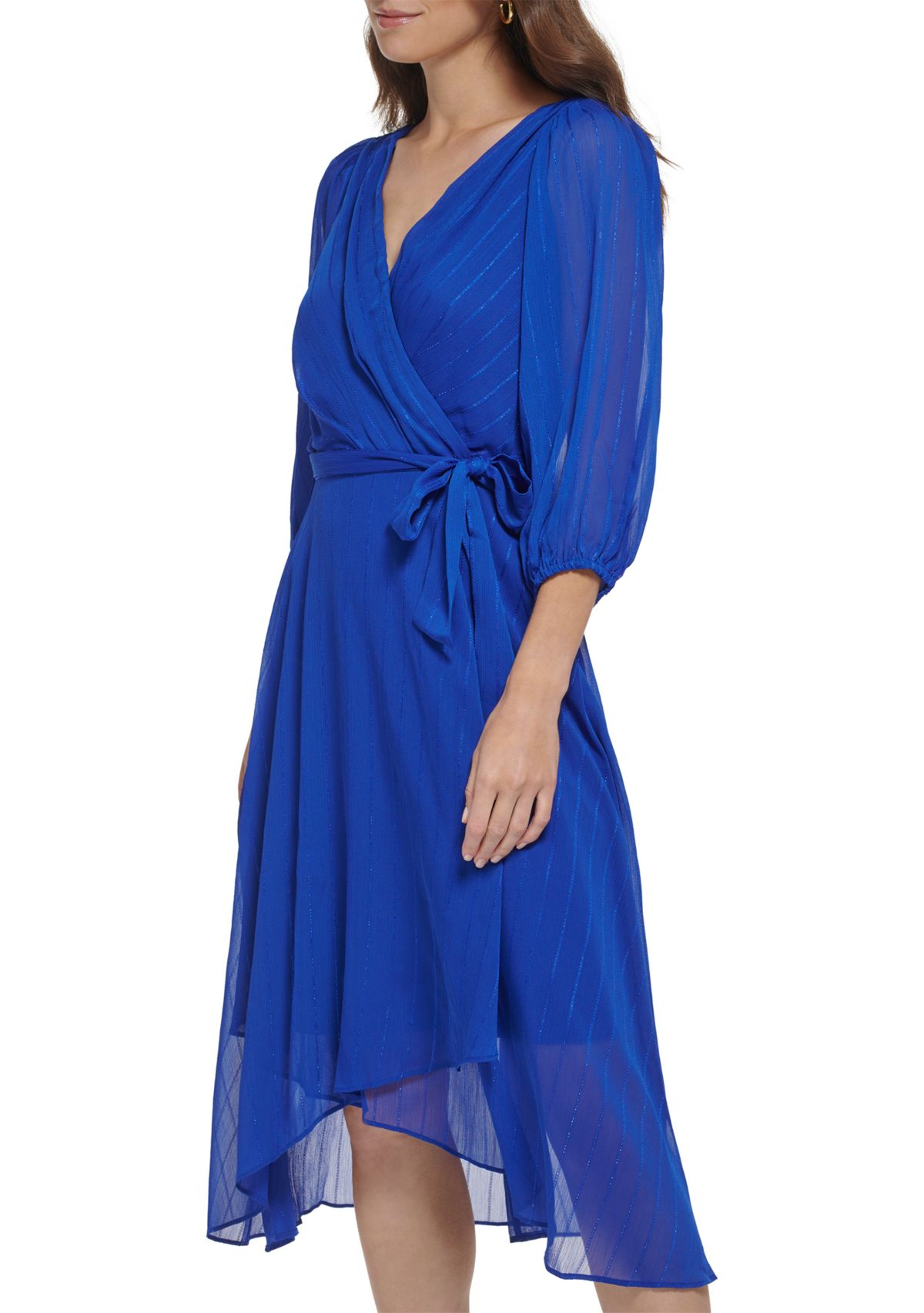 Womens 3/4 Balloon Sleeve V-Neck Faux Wrap Dress