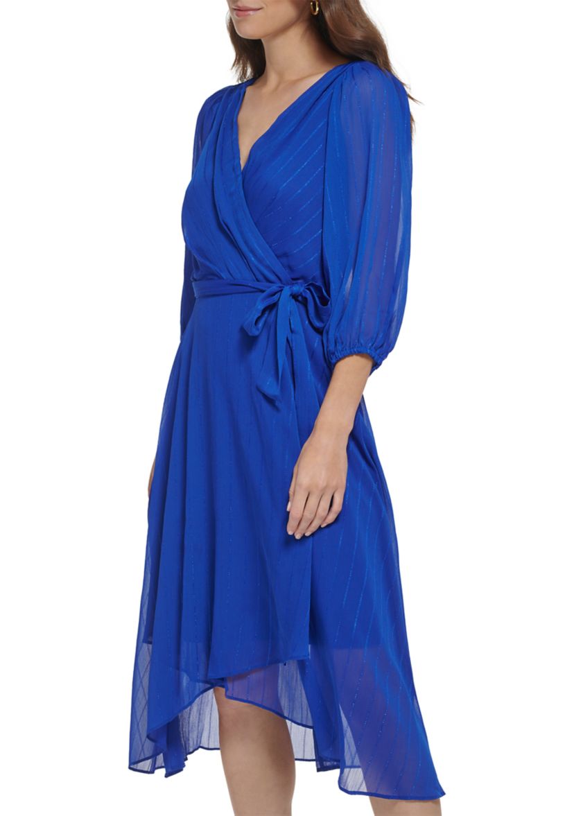 Womens 3/4 Balloon Sleeve V-Neck Faux Wrap Dress