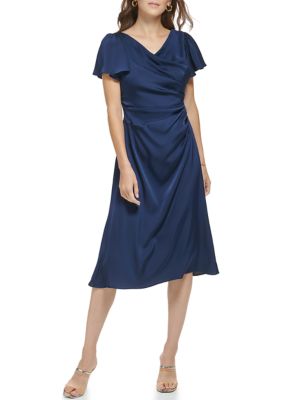 Women's Short Flutter Sleeve Solid Side Ruched Dress