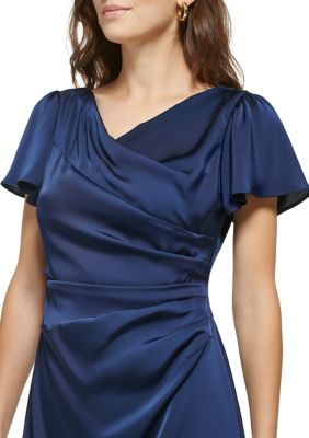 Women's Short Flutter Sleeve Solid Side Ruched Dress