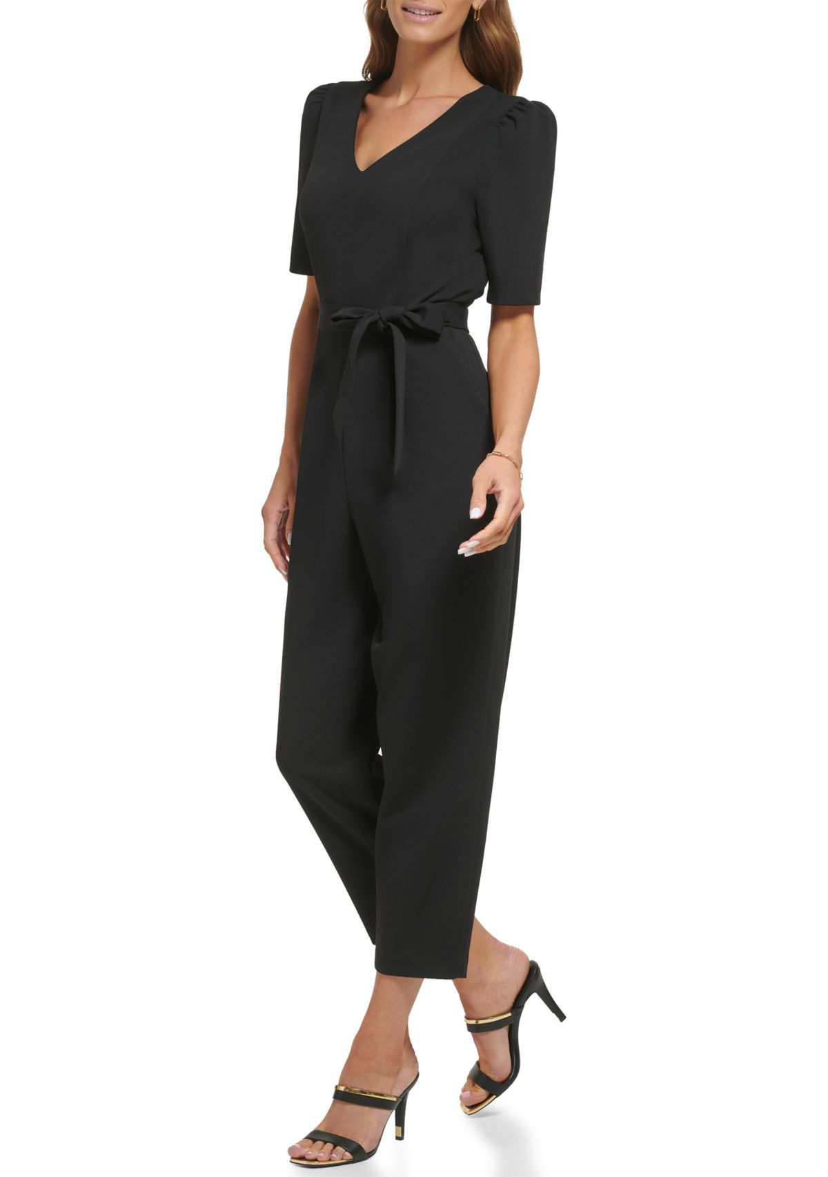 Womens Short Sleeve V-Neck Solid Slim Jumpsuit