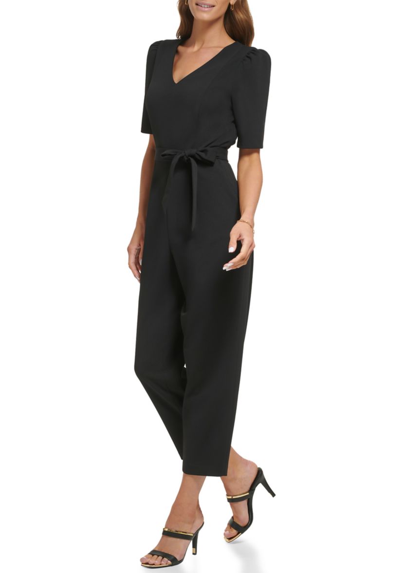 Womens Short Sleeve V-Neck Solid Slim Jumpsuit