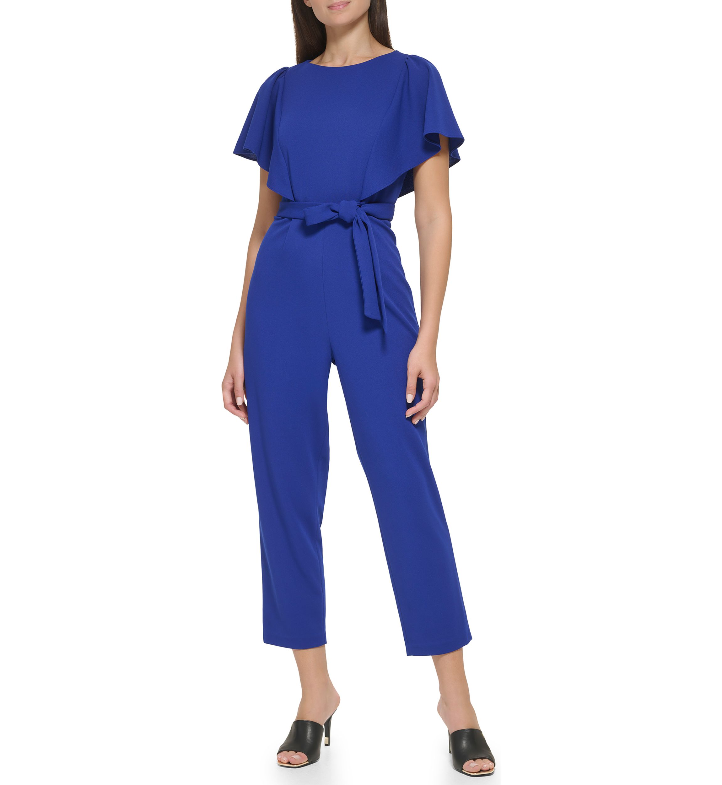 Womens Flutter Sleeve Tie Waisted Cropped Jumpsuit 