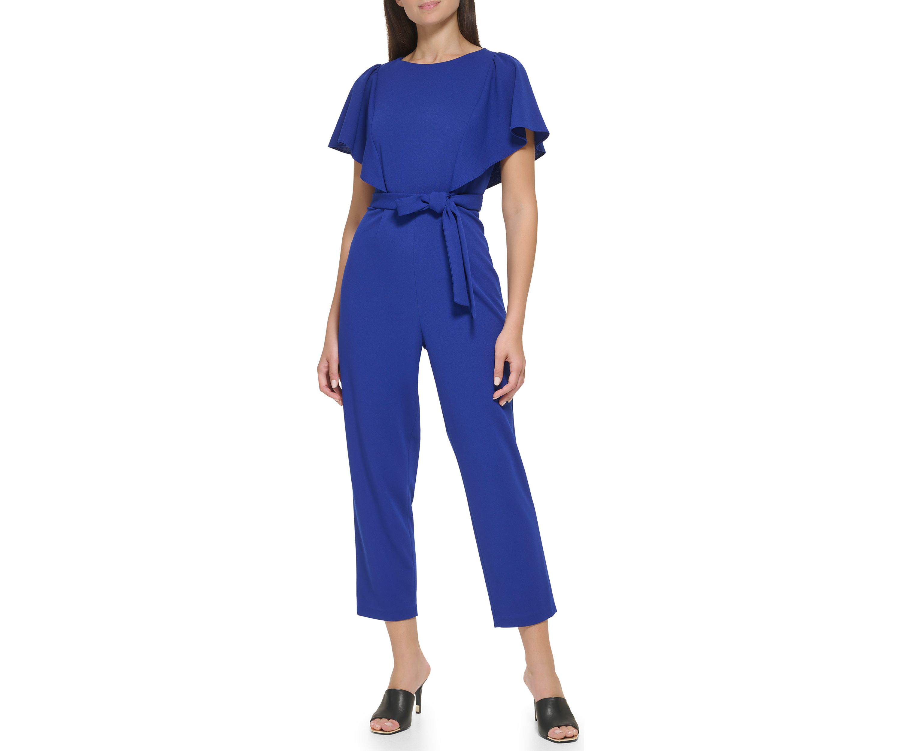 Womens Flutter Sleeve Tie Waisted Cropped Jumpsuit 