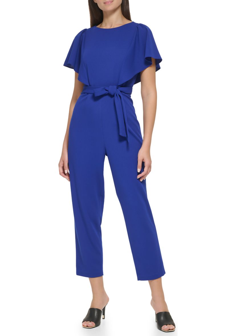 Womens Flutter Sleeve Tie Waisted Cropped Jumpsuit 