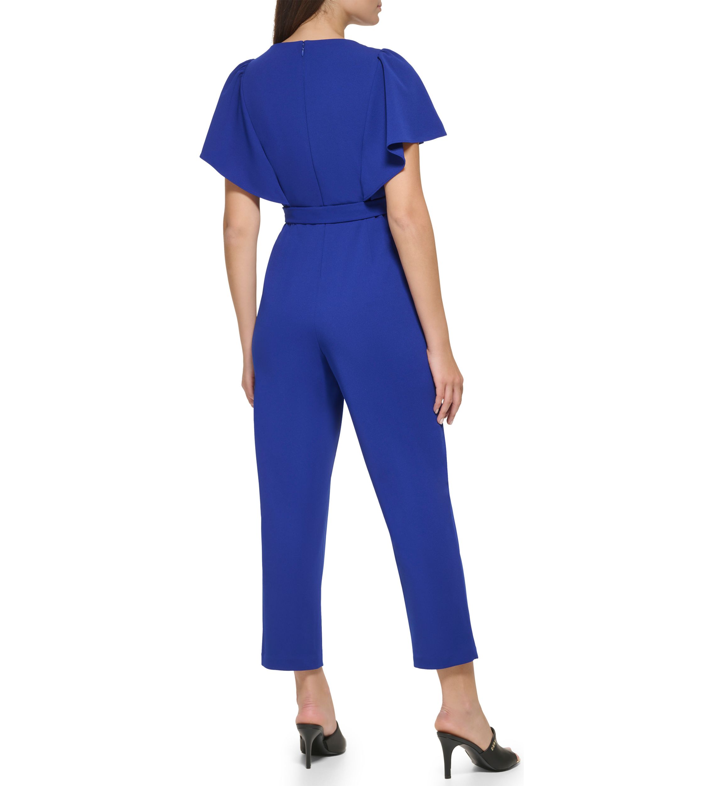 Womens Flutter Sleeve Tie Waisted Cropped Jumpsuit 