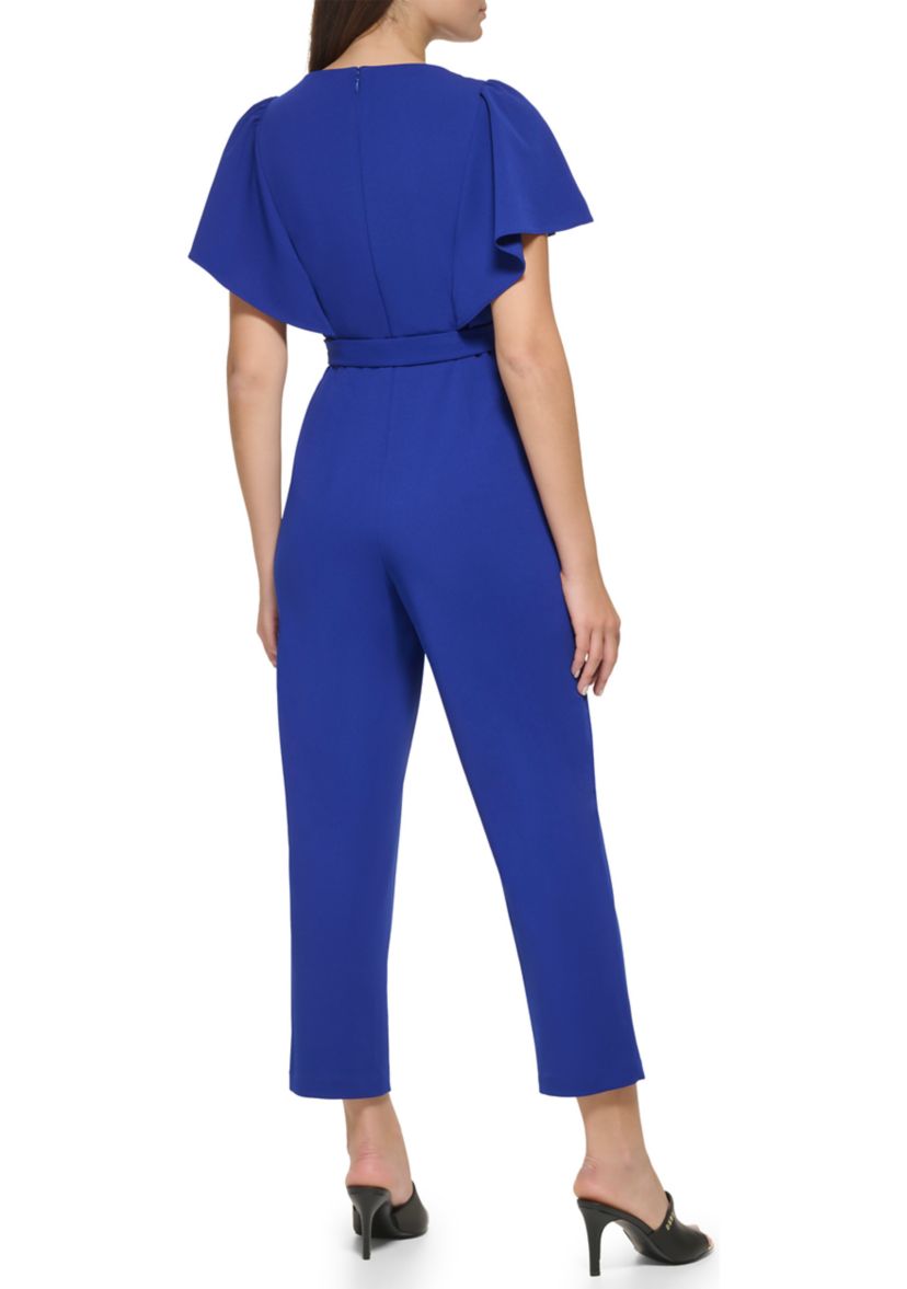 Womens Flutter Sleeve Tie Waisted Cropped Jumpsuit 