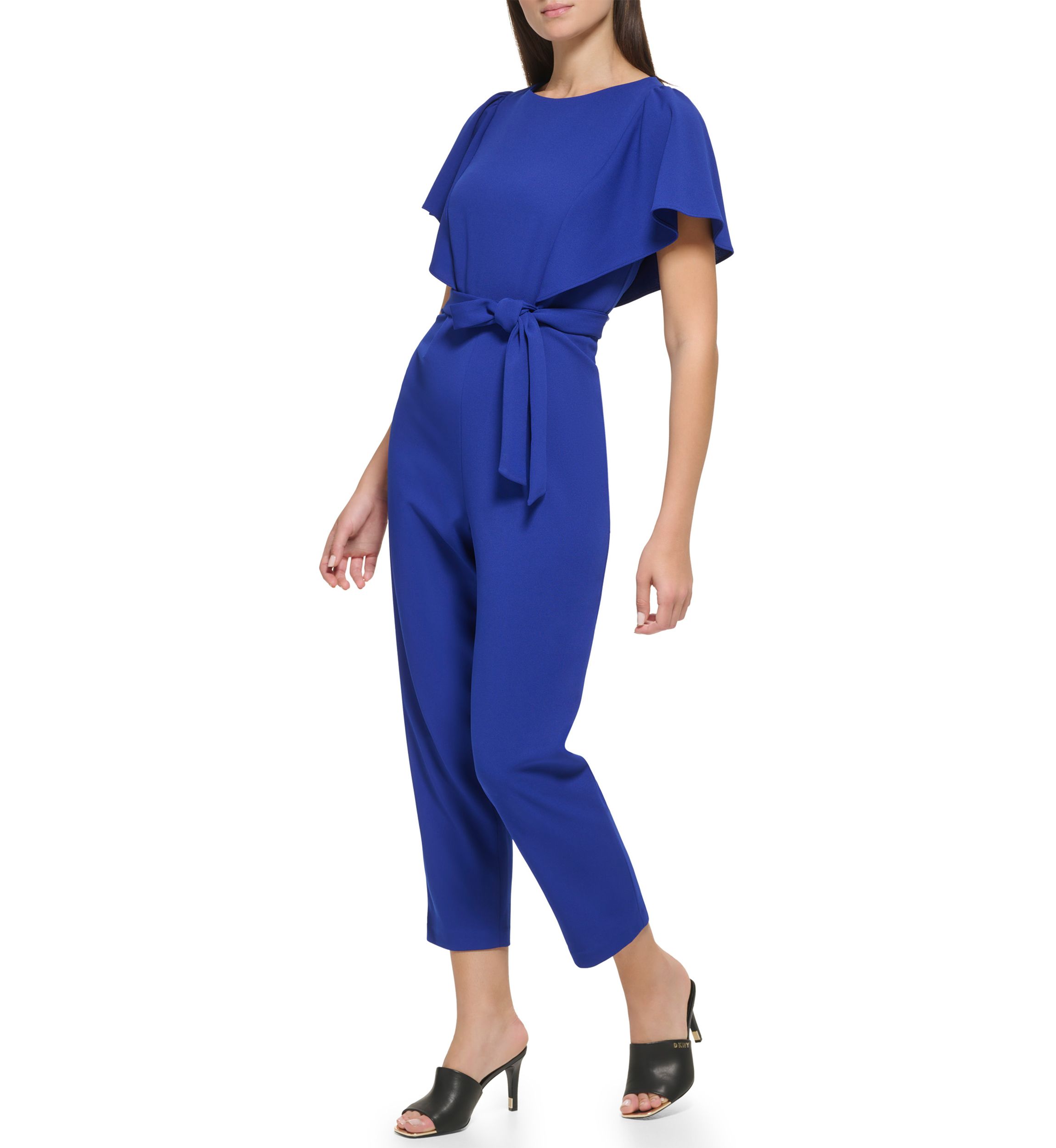Womens Flutter Sleeve Tie Waisted Cropped Jumpsuit 