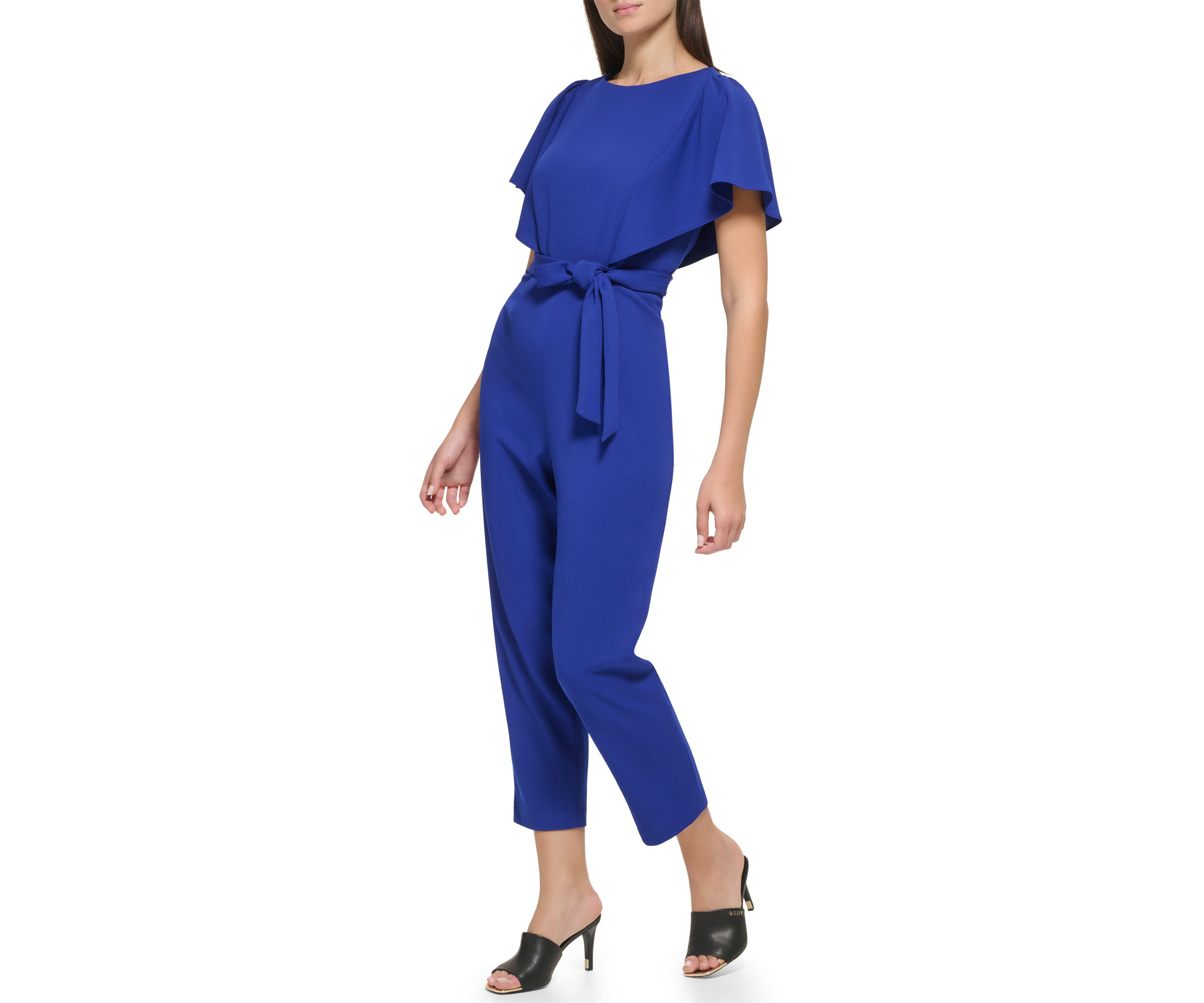 Womens Flutter Sleeve Tie Waisted Cropped Jumpsuit 