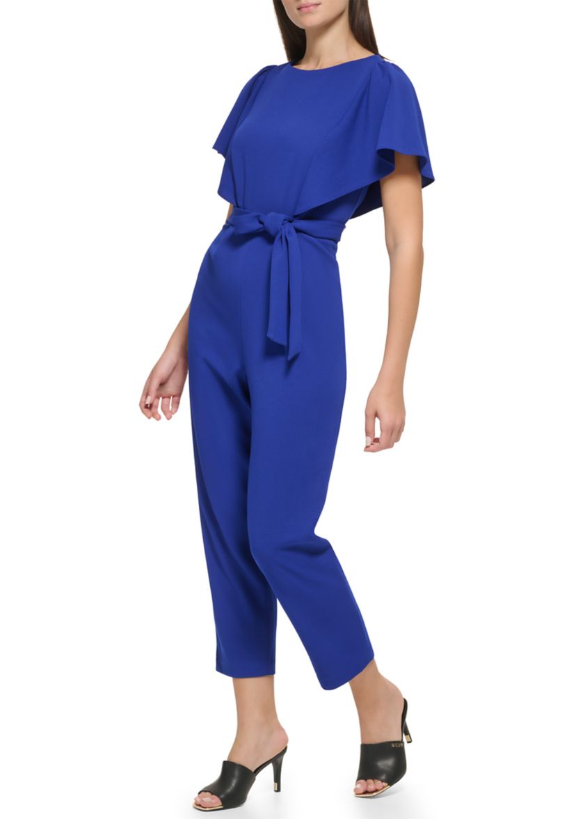 Womens Flutter Sleeve Tie Waisted Cropped Jumpsuit 