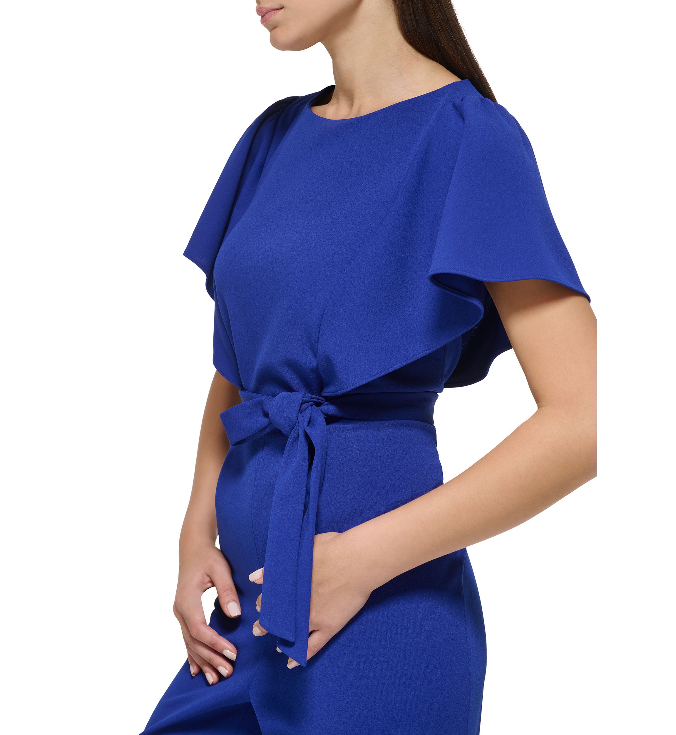 Womens Flutter Sleeve Tie Waisted Cropped Jumpsuit 