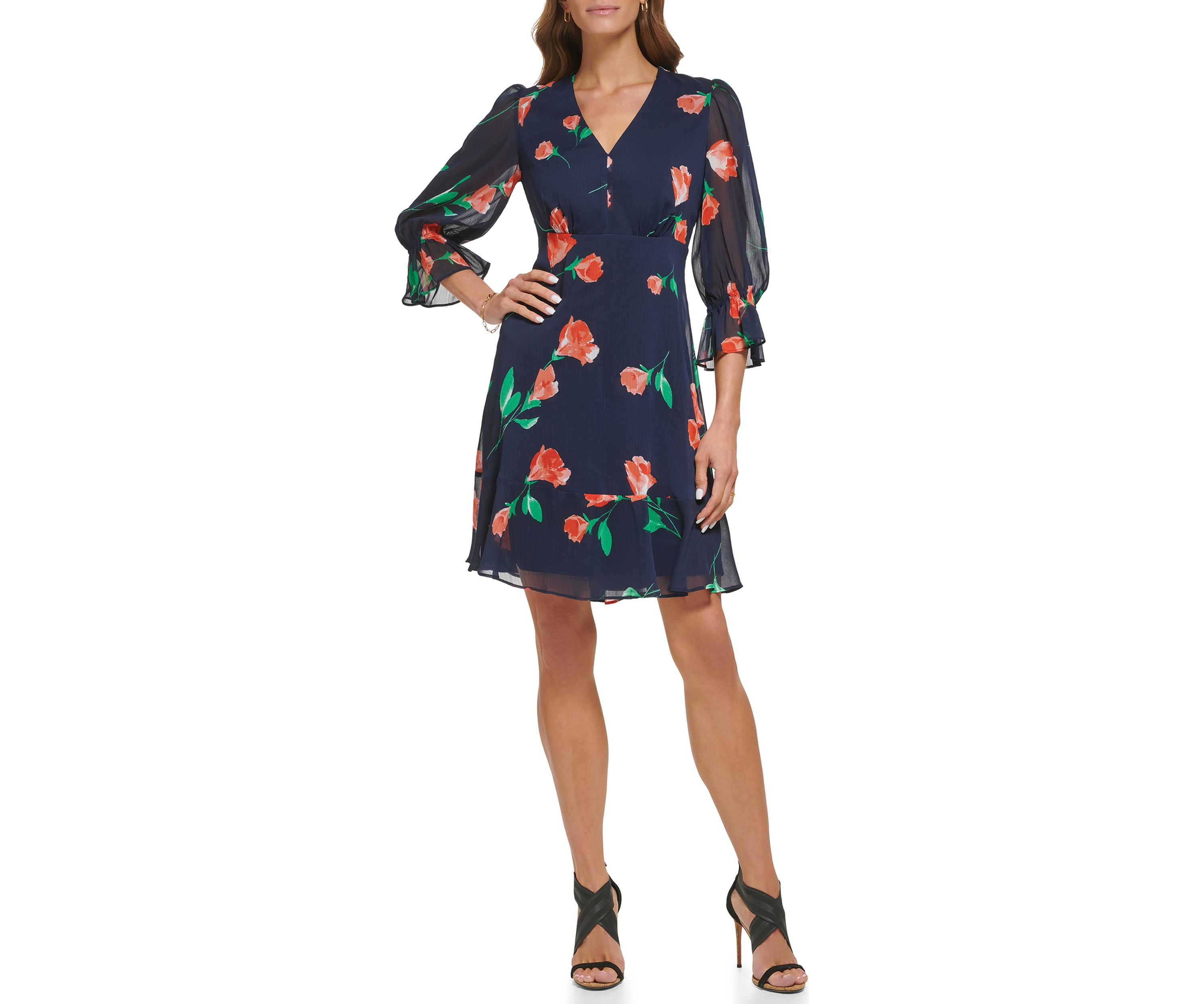 Womens 3/4 Sleeve V-Neck Floral Print Fit and Flare Dress