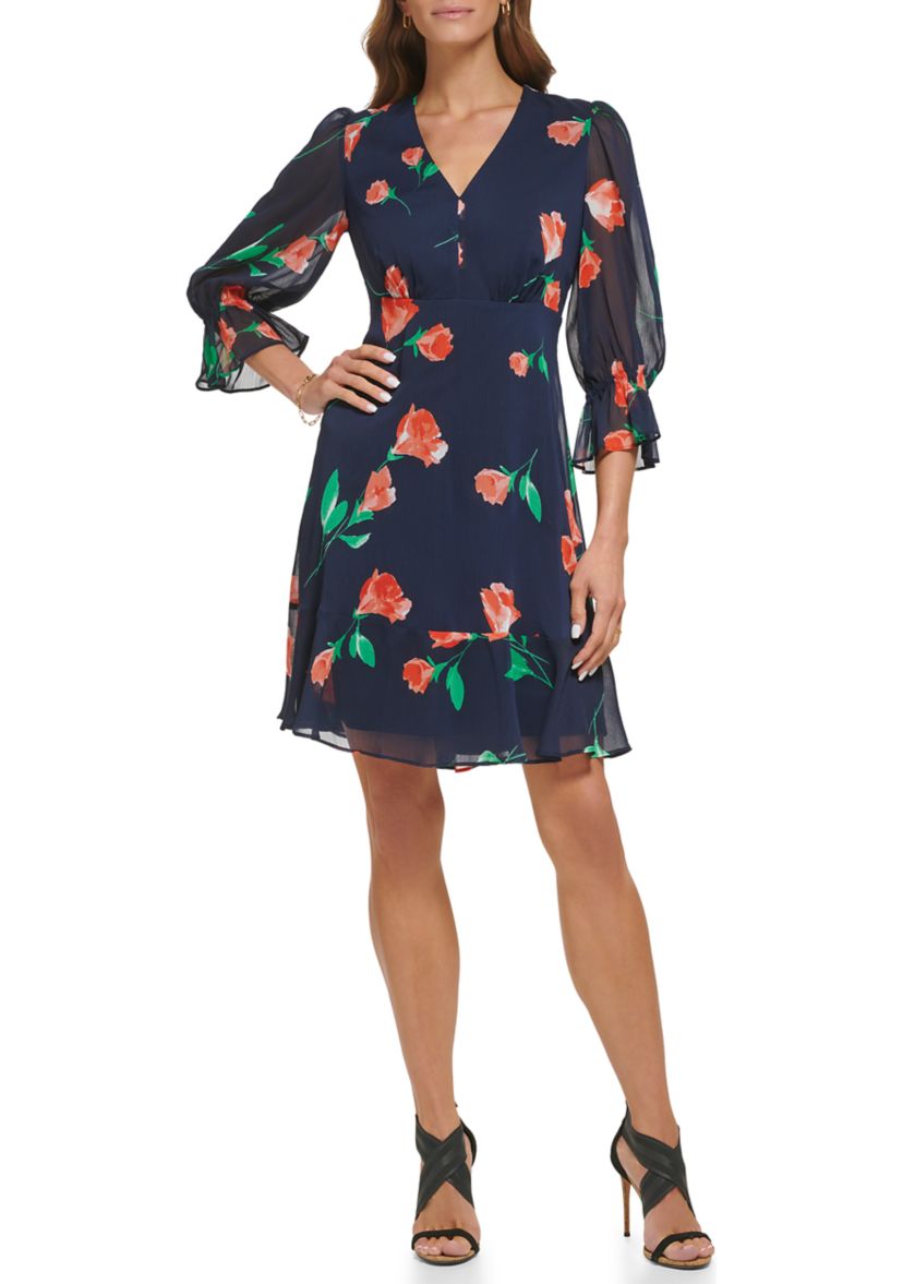 Womens 3/4 Sleeve V-Neck Floral Print Fit and Flare Dress
