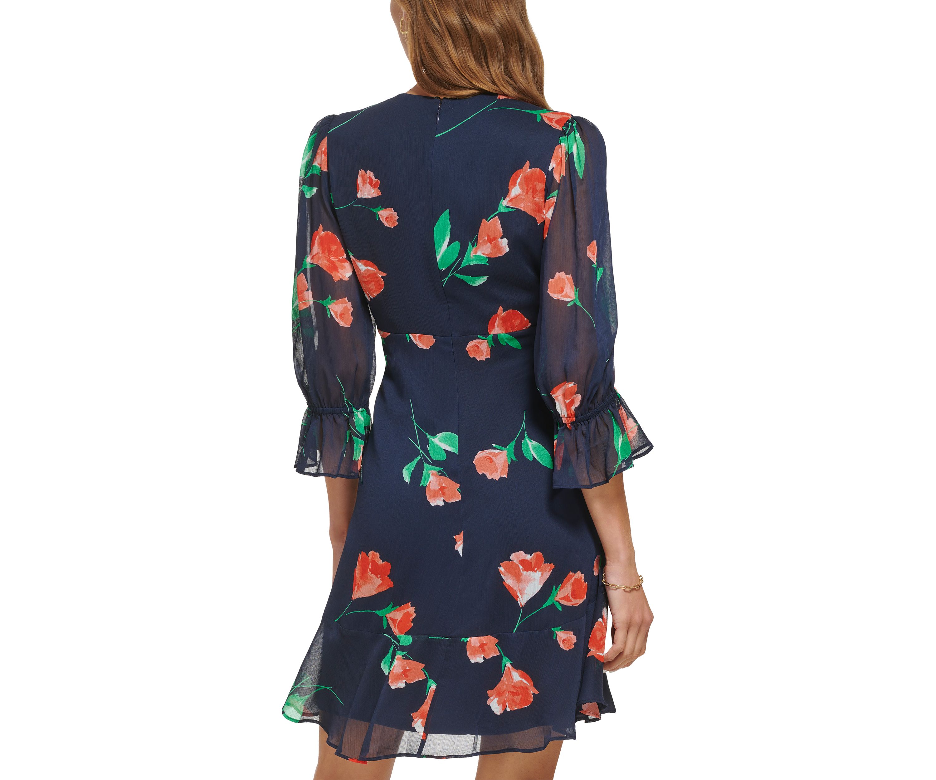 Womens 3/4 Sleeve V-Neck Floral Print Fit and Flare Dress