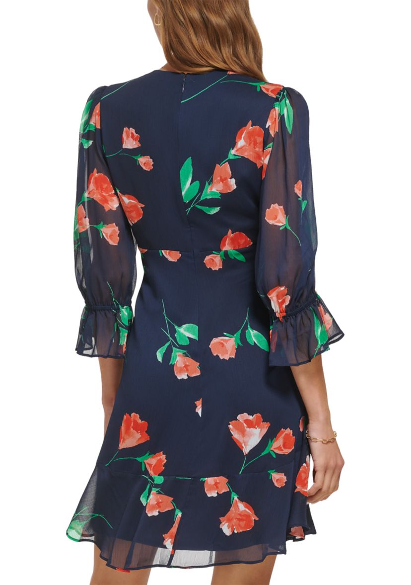 Womens 3/4 Sleeve V-Neck Floral Print Fit and Flare Dress
