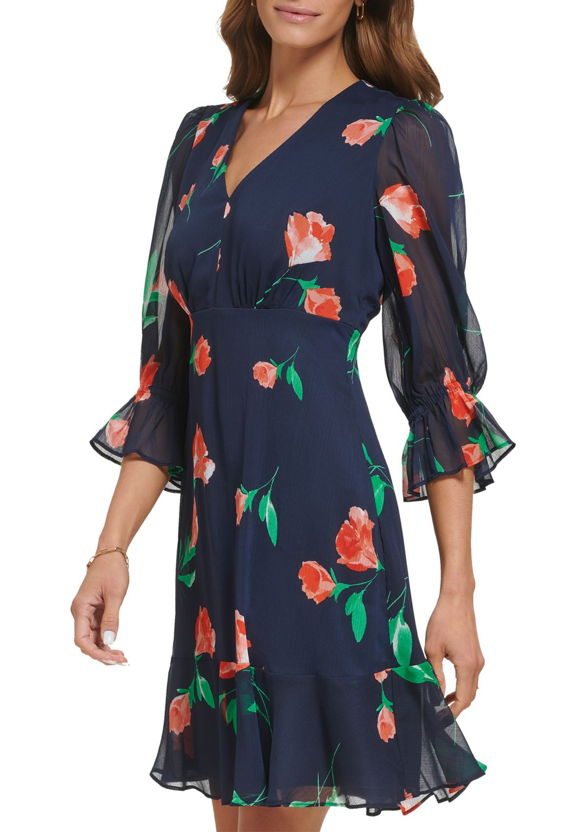 Womens 3/4 Sleeve V-Neck Floral Print Fit and Flare Dress