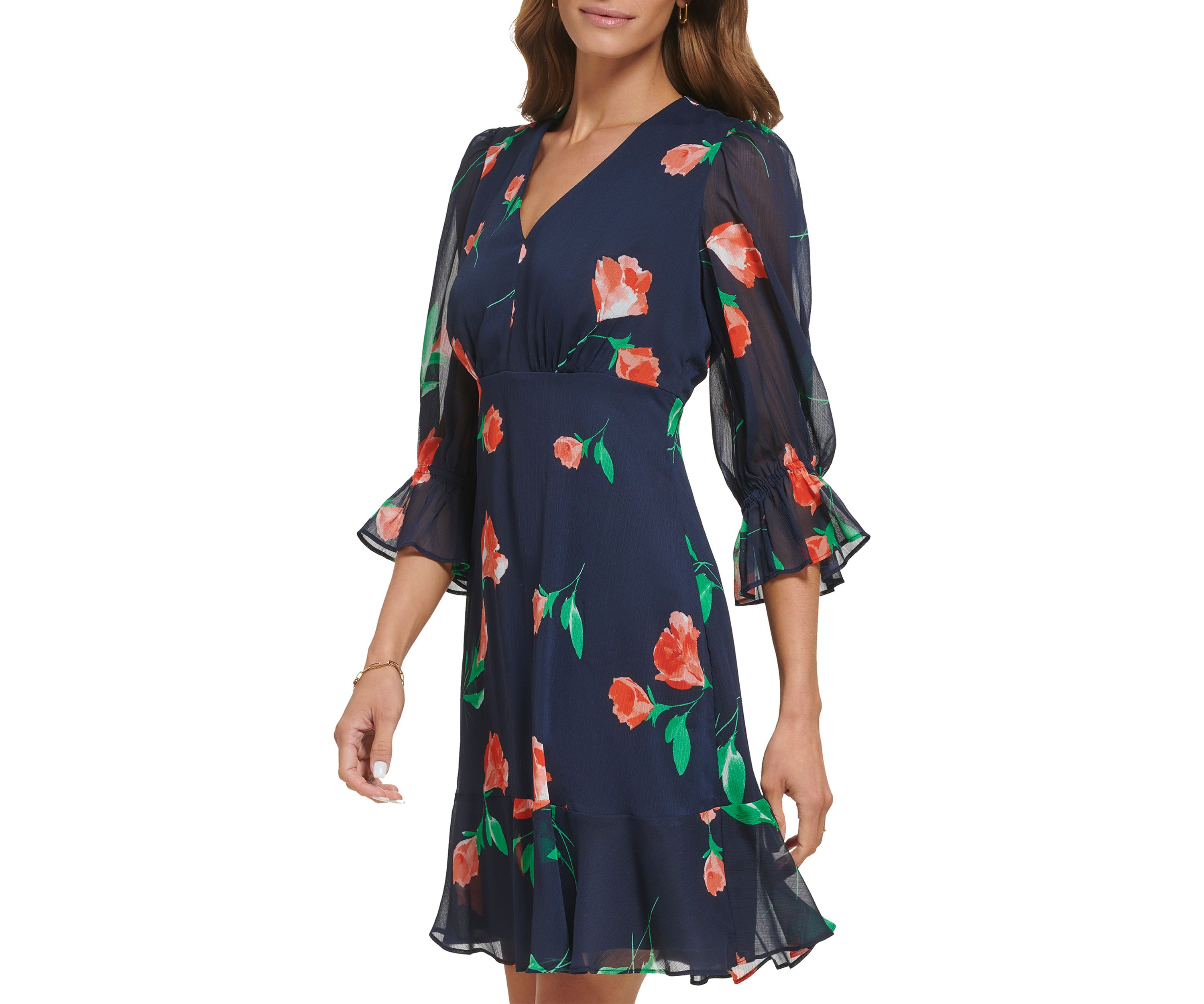 Womens 3/4 Sleeve V-Neck Floral Print Fit and Flare Dress