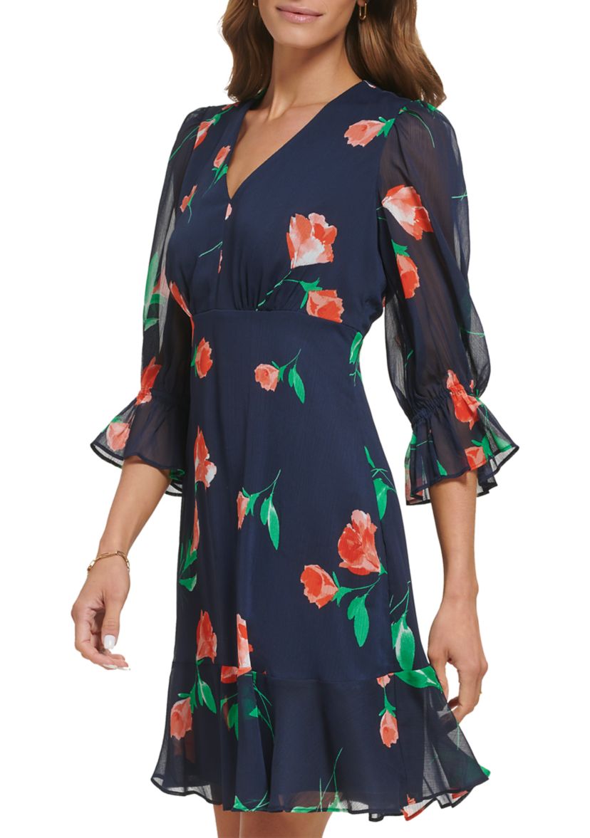 Womens 3/4 Sleeve V-Neck Floral Print Fit and Flare Dress
