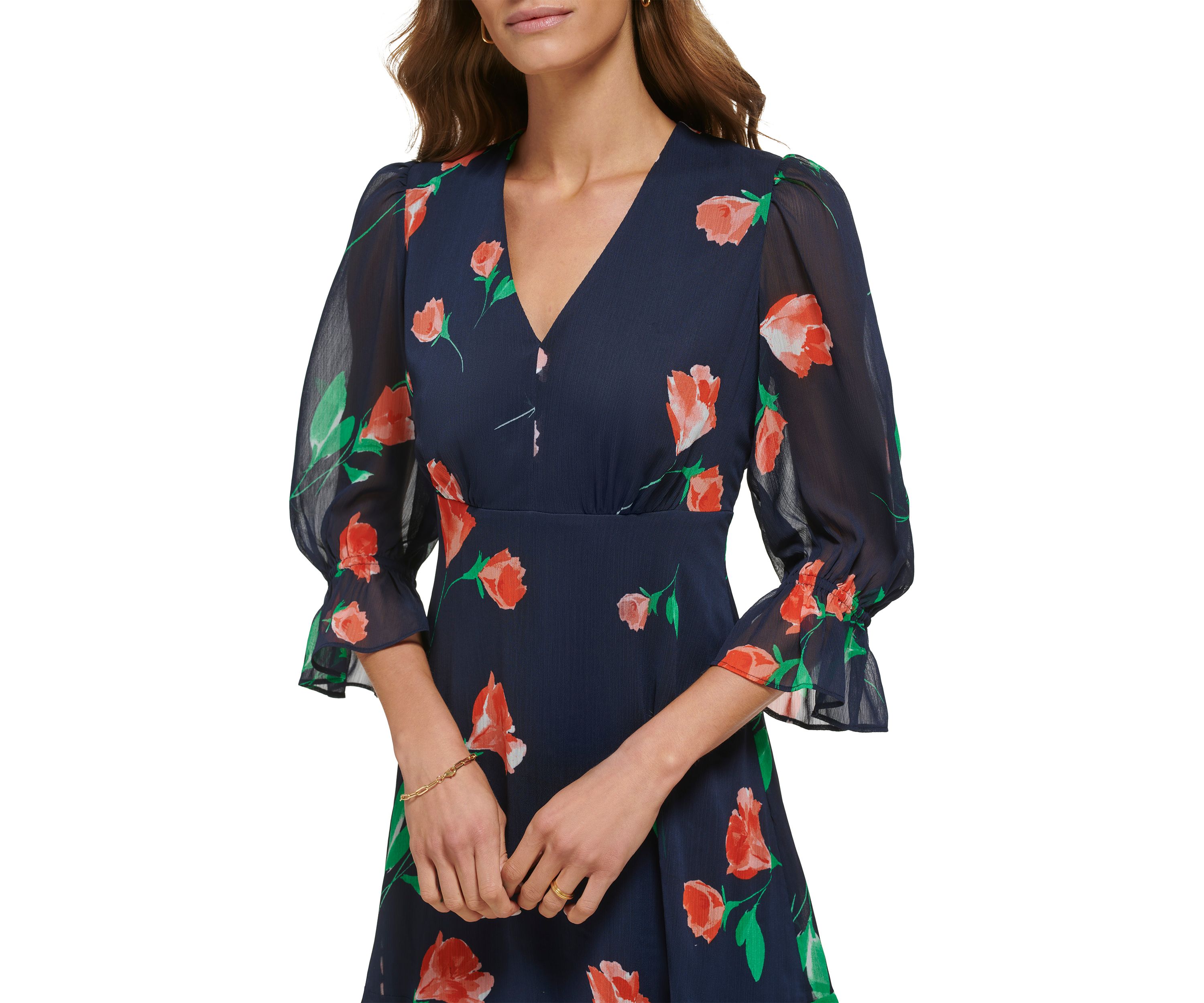 Womens 3/4 Sleeve V-Neck Floral Print Fit and Flare Dress