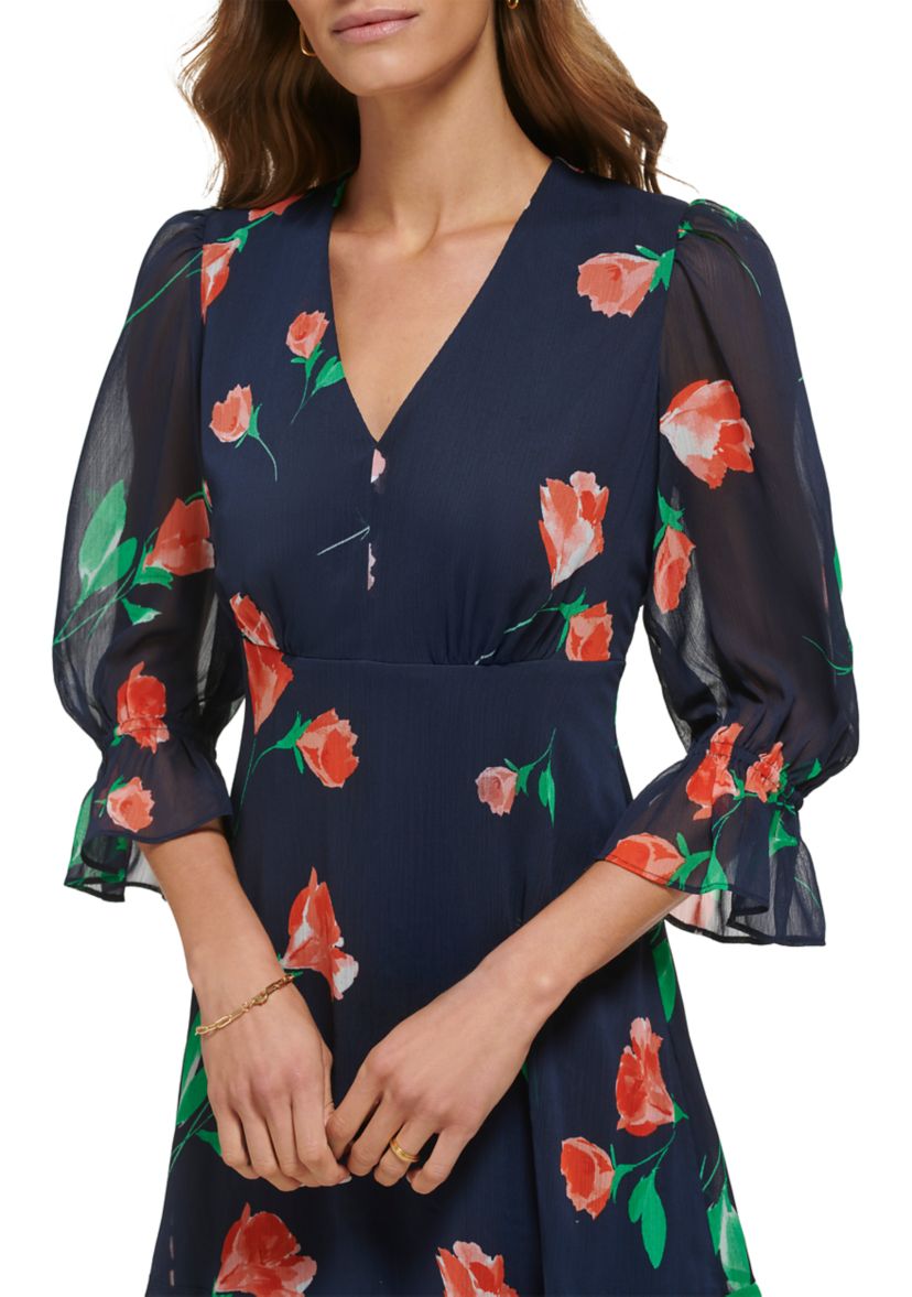 Womens 3/4 Sleeve V-Neck Floral Print Fit and Flare Dress
