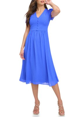 Women Blue Textured Calf-Length Casual Dress
