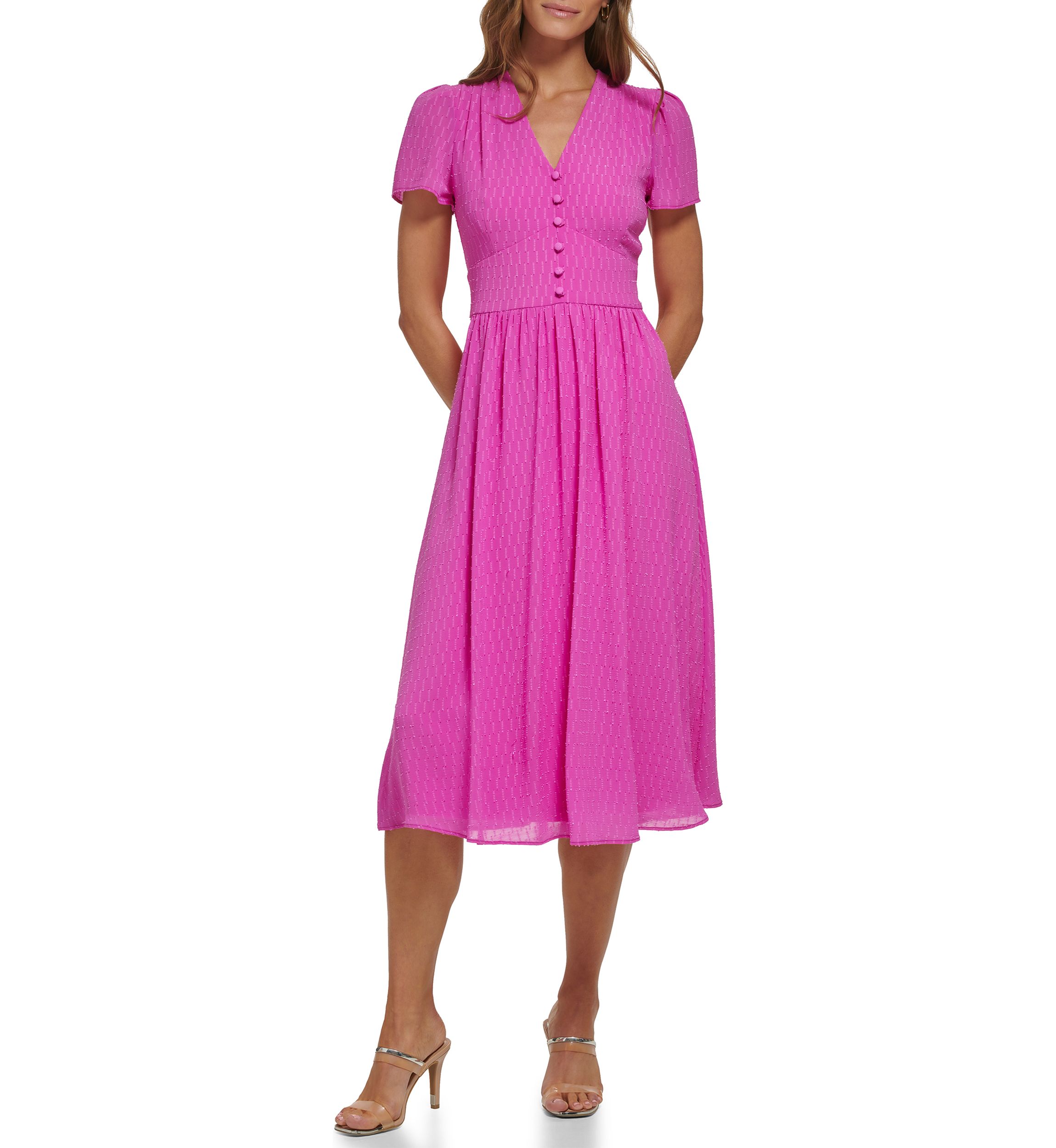 Womens Short Sleeve Jacquard Satin Button Front V-Neck Midi Dress