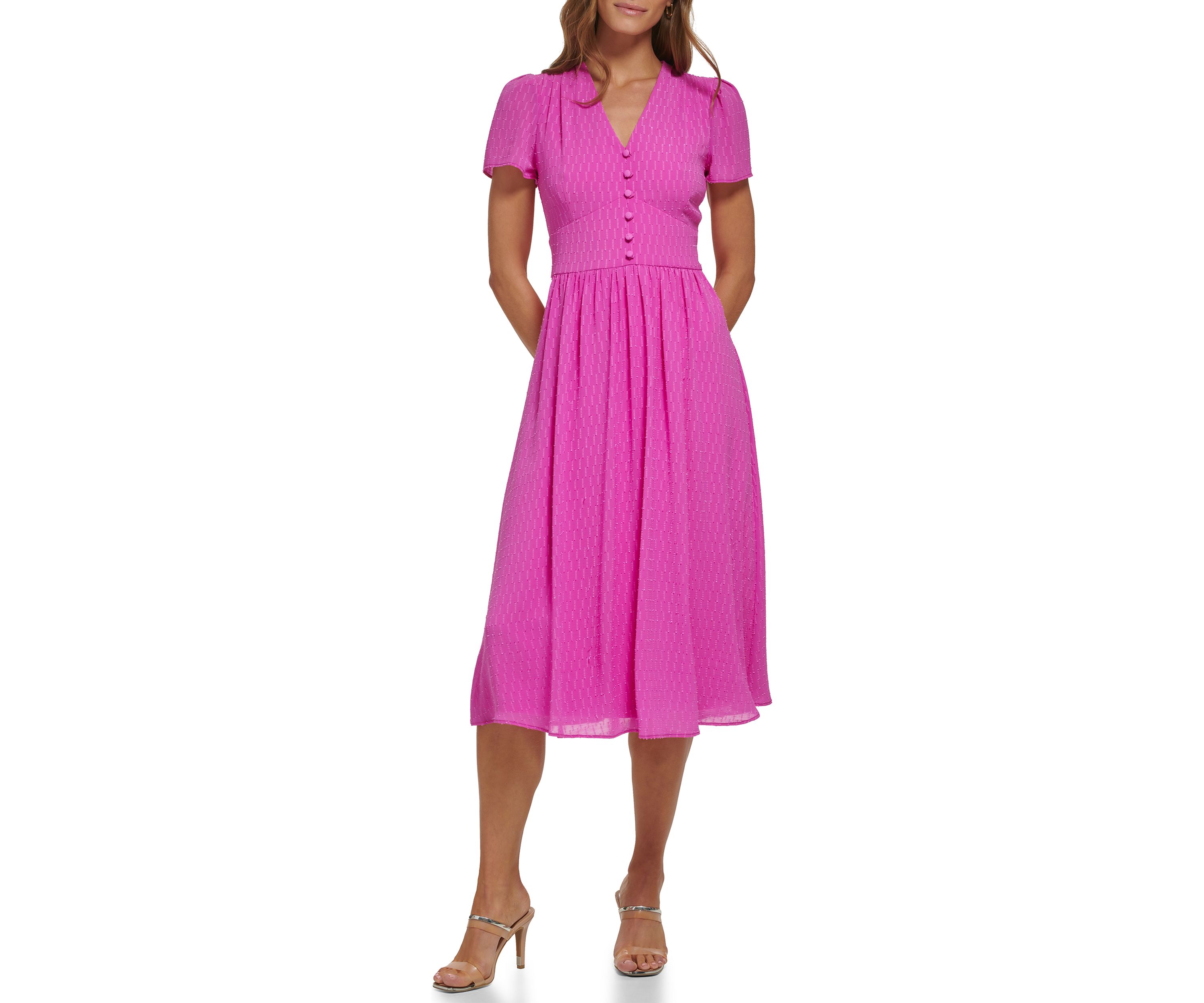 Womens Short Sleeve Jacquard Satin Button Front V-Neck Midi Dress