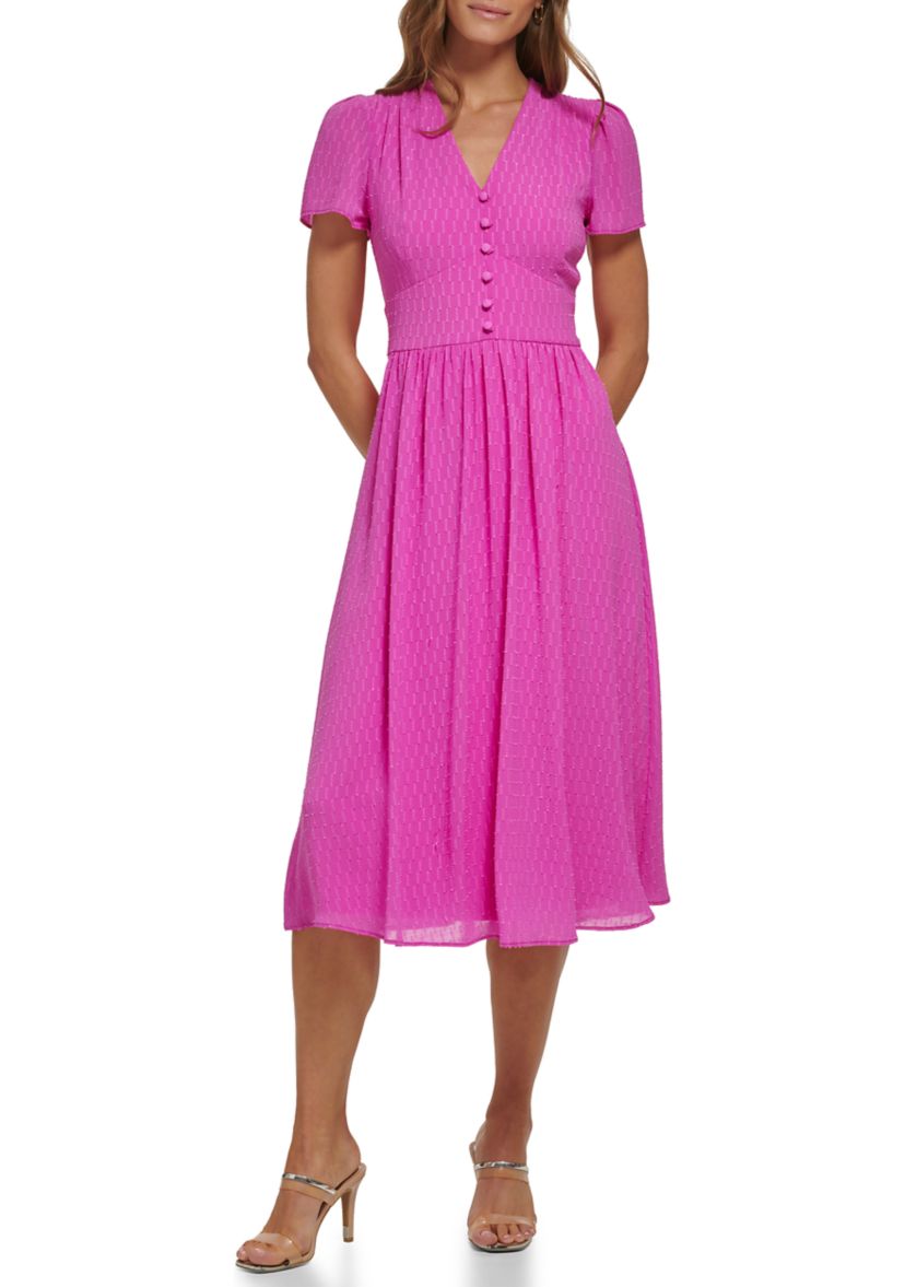 Womens Short Sleeve Jacquard Satin Button Front V-Neck Midi Dress
