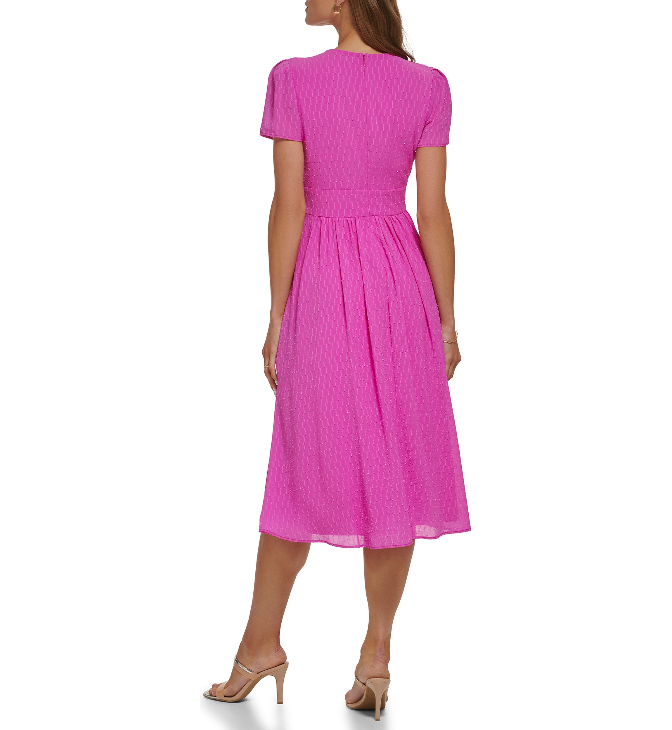 Womens Short Sleeve Jacquard Satin Button Front V-Neck Midi Dress