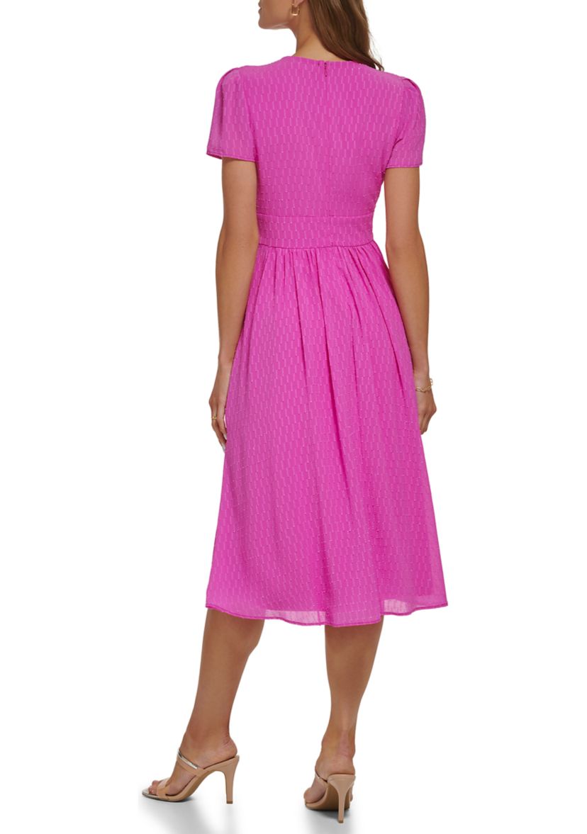 Womens Short Sleeve Jacquard Satin Button Front V-Neck Midi Dress