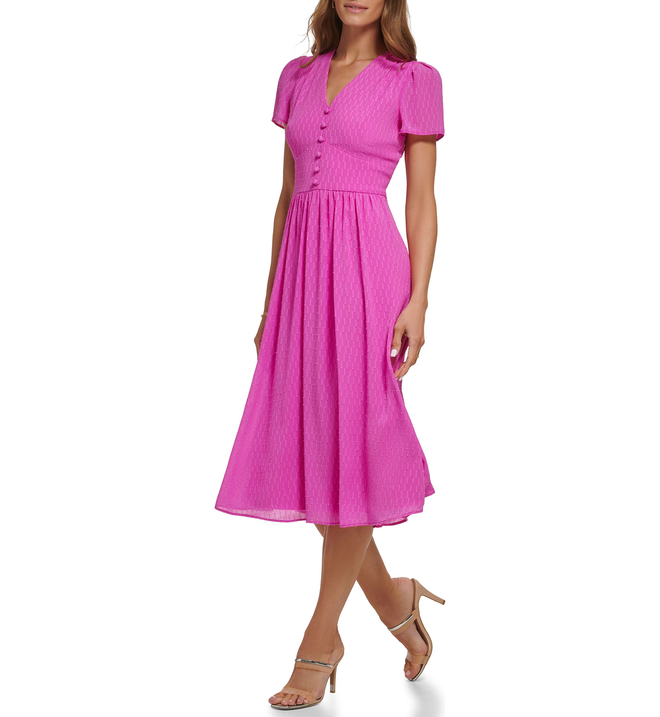 Womens Short Sleeve Jacquard Satin Button Front V-Neck Midi Dress