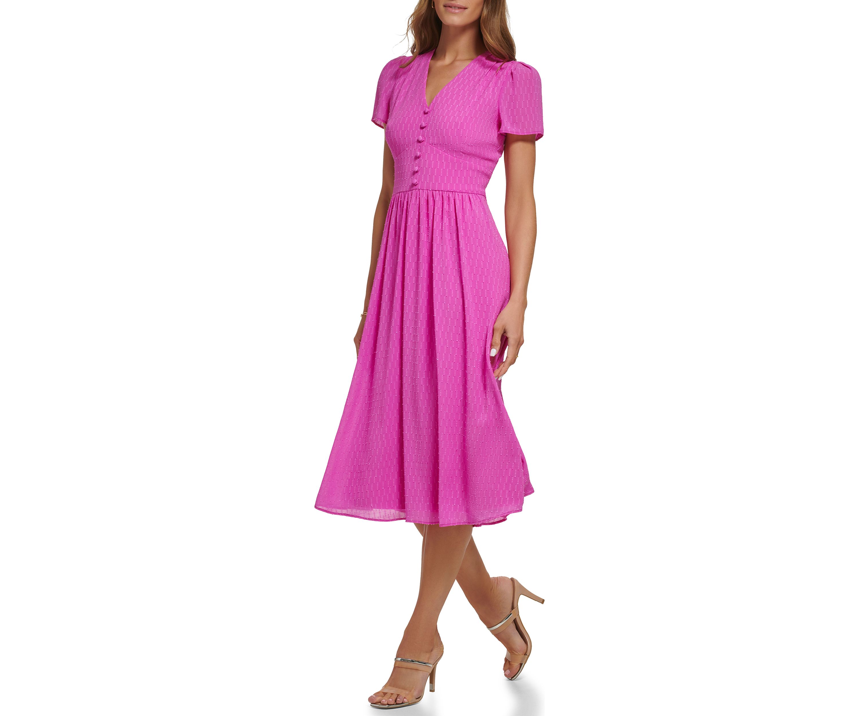 Womens Short Sleeve Jacquard Satin Button Front V-Neck Midi Dress