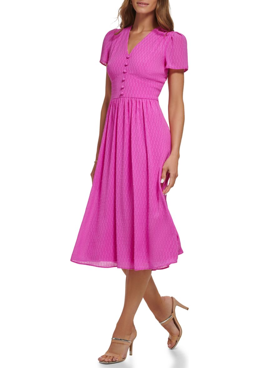 Womens Short Sleeve Jacquard Satin Button Front V-Neck Midi Dress