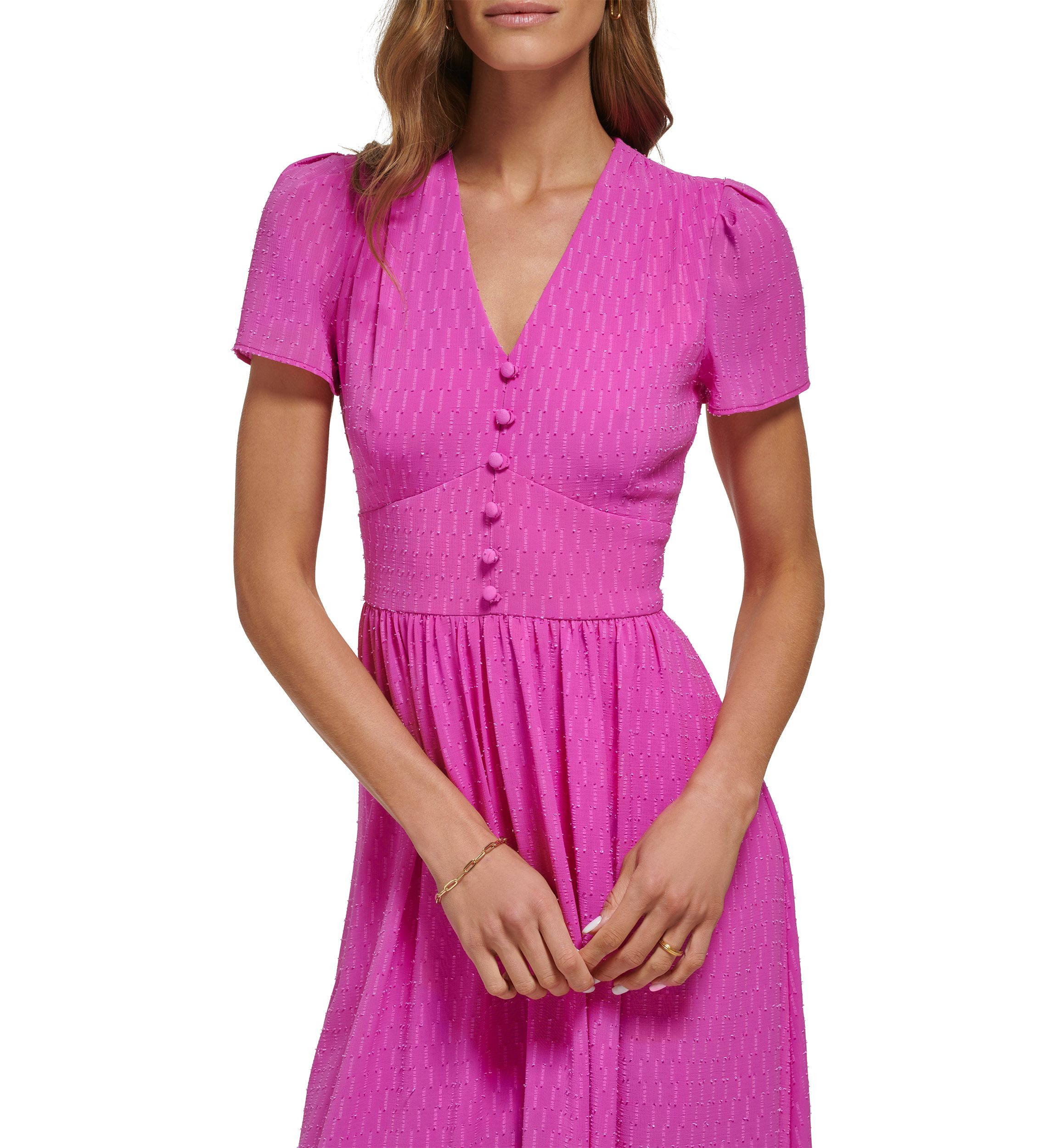 Womens Short Sleeve Jacquard Satin Button Front V-Neck Midi Dress